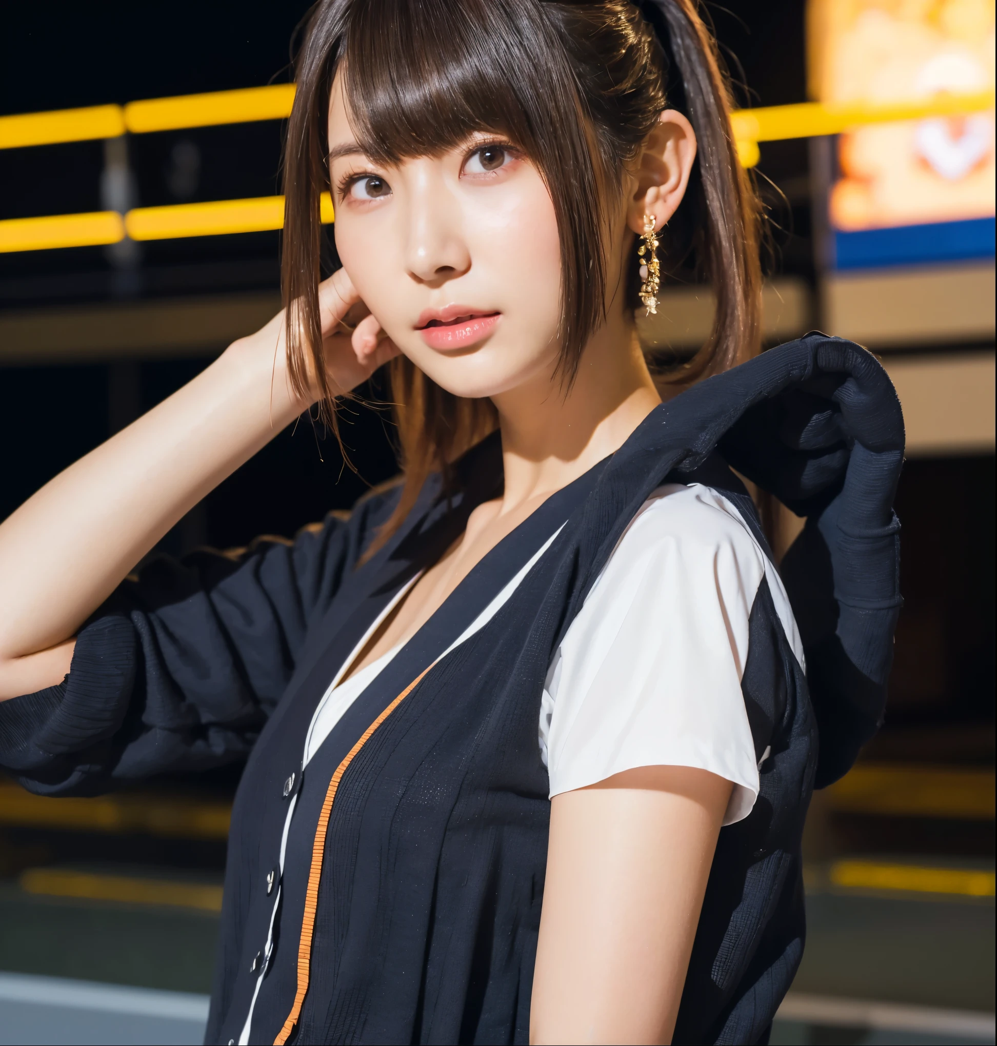 mix 4,(8k, RAW photo, BEST QUALITY, master:1.2), (realistic, photo-realistic:1.37),1 girl,cute,cityscape of Shumigaoka, Night , full moon, clear night sky professional lighting,photon mapping,radiosity,Physically Based Rendering ,orange hair 1:3 Japanese beauty 18 years old (1 girl solo) Side Ponytail camera stares at viewers (big on the floor,very big big 1:2),long eyelashes double eyelids natural makeup 赤い口紅,(zoom up on the upper body) thin body shapes (white blouse,Put on a black cardigan,plaid mini skirt) earrings,necklace brown eyes chest zoom up on the upper body