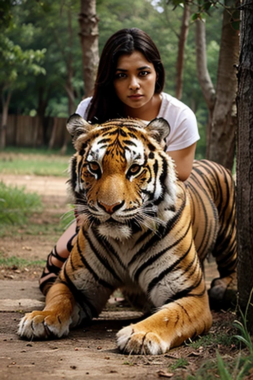 The tiger in the body of a woman recognizes the hunter as prey.