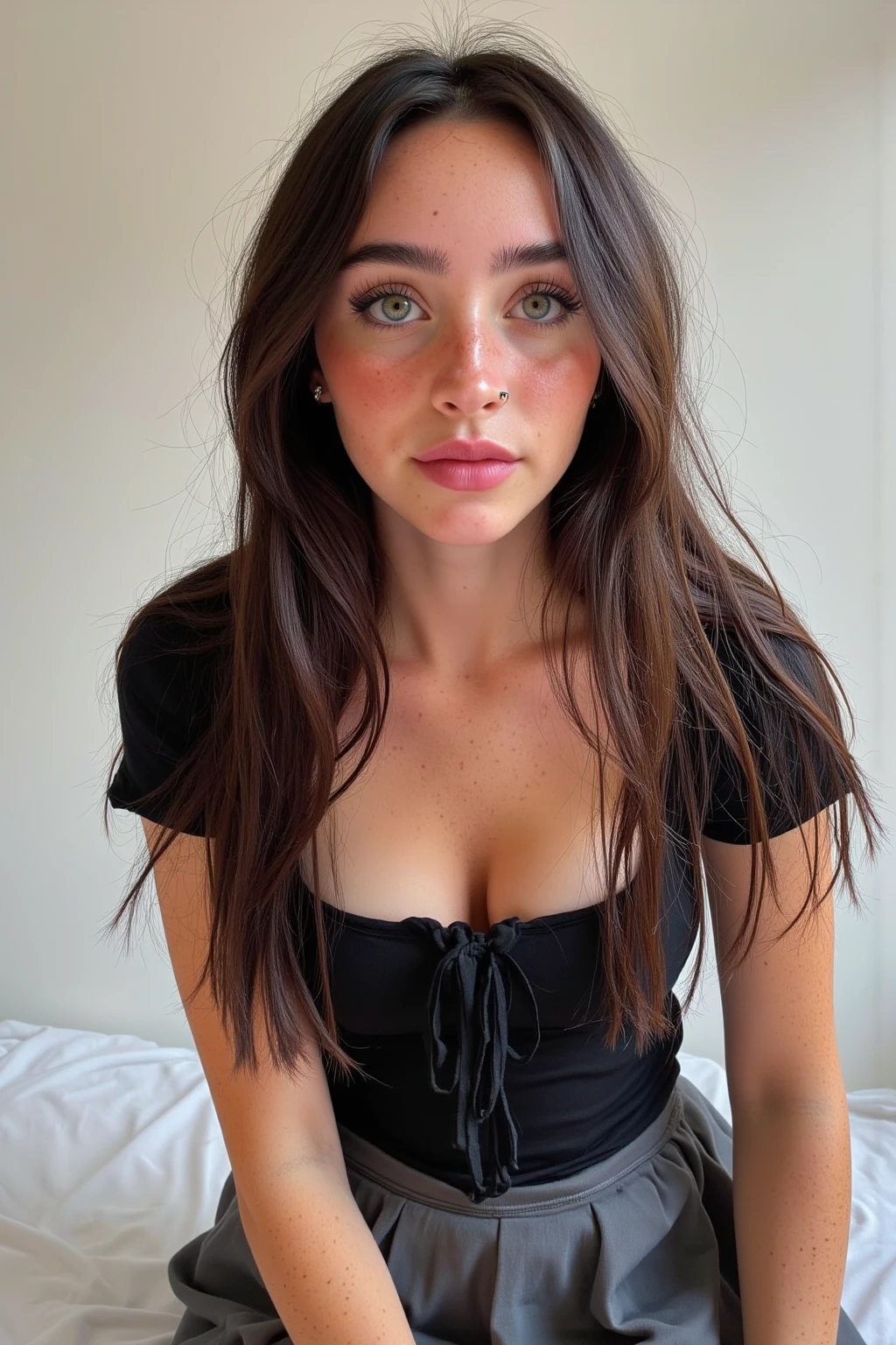 ((Age18+ Irish female, pale skin, small breasts, runners body, some small freckles, imperfect skin, wavy hair)(HQ)(photorealistic)) taking a selfie (black hair)