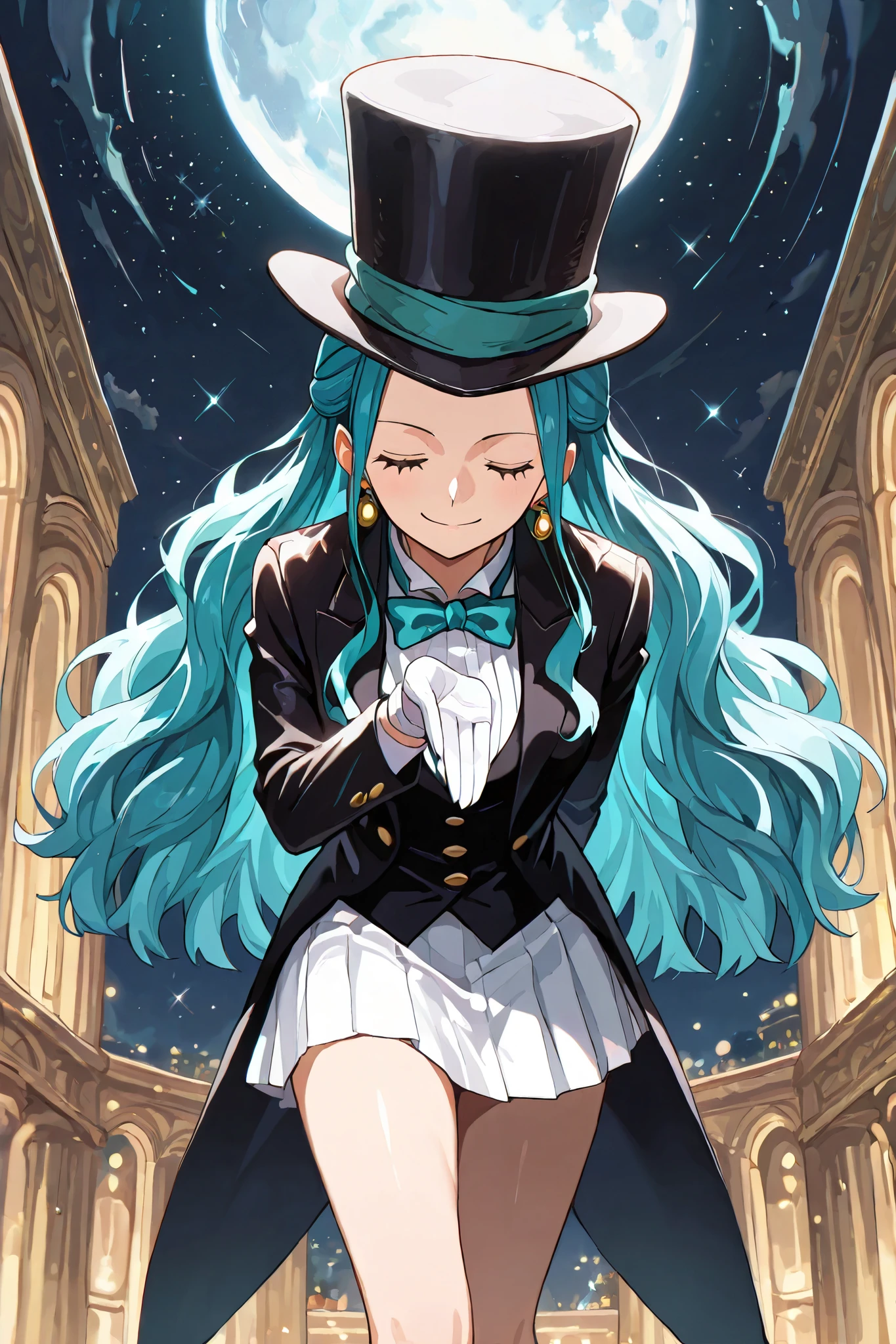 (masterpiece, 2k, high detail) solo, 1girl, vivi, one piece, long blue hair, side locks, wavy hair, gold earrings, black eyes, sleek legs,( large black silk top hat, turquoise band) black tuxedo jacket, white shirt under tuxedo jacket, turquoise bowtie, white miniskirt, ((white gloves)), (smiling, graceful, joyful), (dapper), posing in a marble courtyard, night scene, starry background, full moon in the sky, bowing, one hand behind back, offering one hand to the viewer, prim and proper pose, elegant pose, razzle dazzle vibes, close up shot, facing the viewer, (eyes closed)