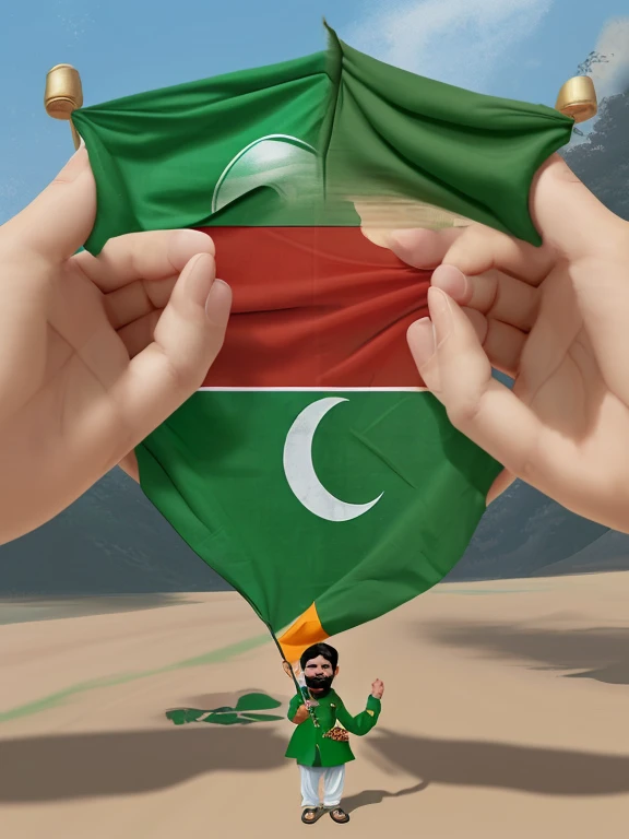 Two boys are shaking hands. One is wearing a Punjabi with a Bangladeshi flag and the other is holding a Pakistani flag. Another is wearing Punjabi with Pakistan flag and holding Bangladesh flag.