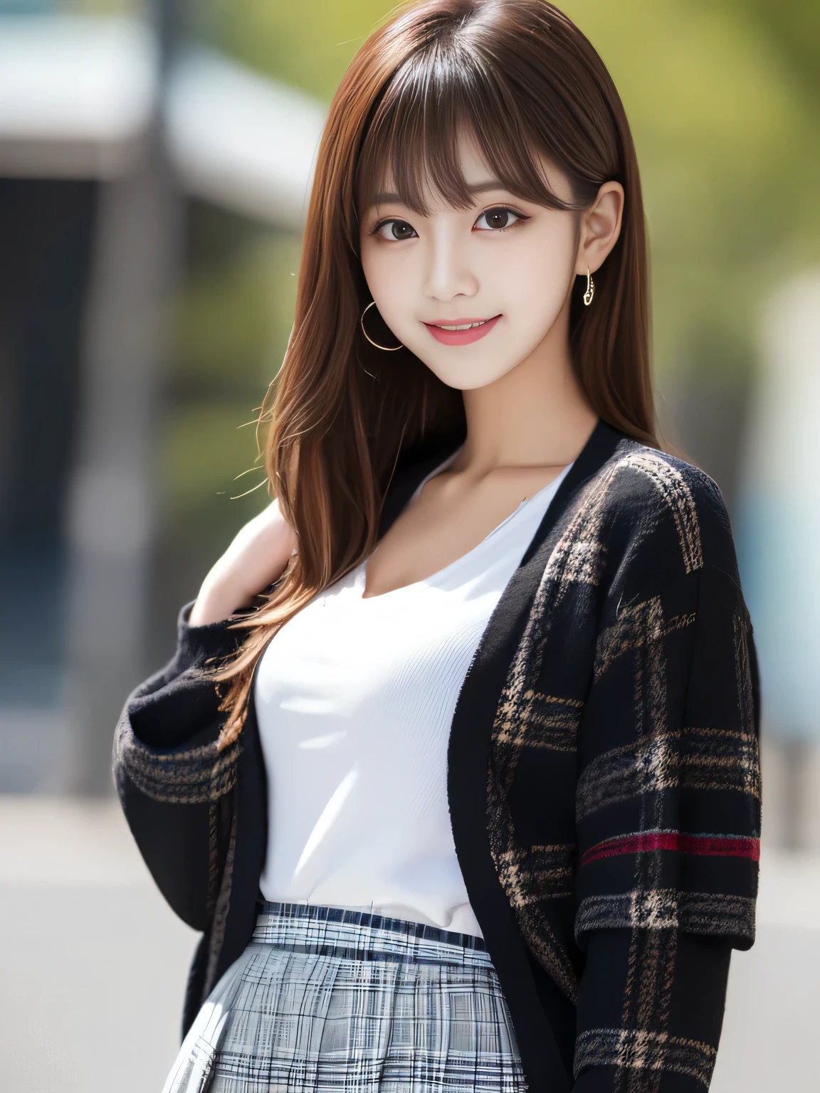 Ultra High Definition, Superior Quality, Premier Quality, professional quality, 8k wallpaper, ultra detailed, Photorealistic, RAW Photos, highest quality, masterpiece, Attractive girl, Stunning girl, light atmosphere, Brown Hair, Shoulder Length Layered hair, asymmetrical bangs, Korean Idol, Sophisticated, Stylish, (seductive smile), natural lighting, Neat clothes, (Slim long-sleeved black cardigan:1.2) (plaid short skirt:1.2), (POV),