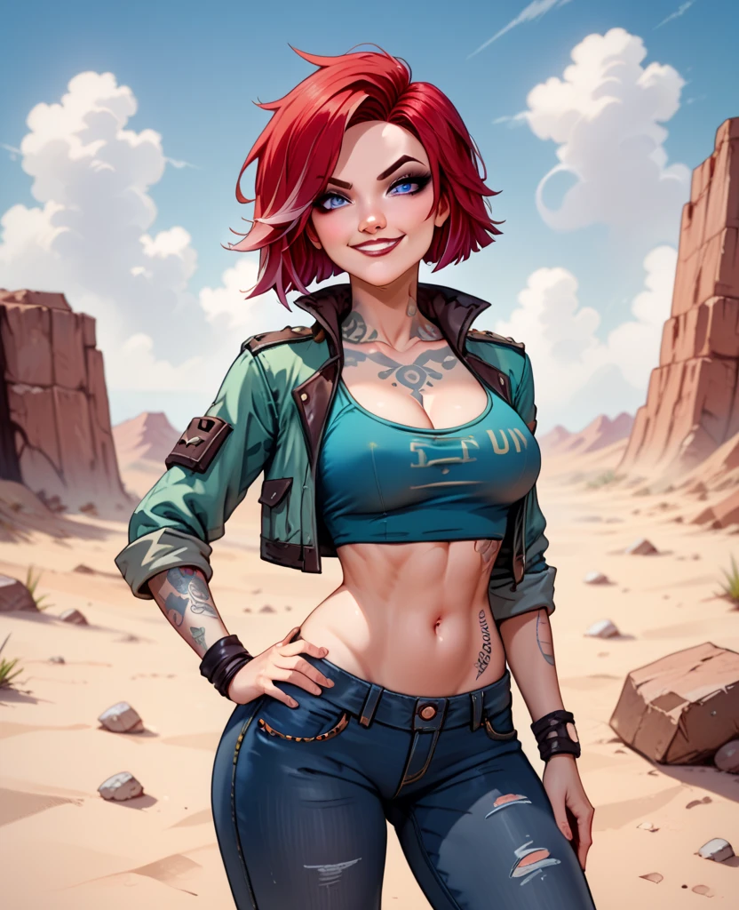 Nijistyle, uma garota furiosa como Tank girl, using a apocalíptico cloth, shorts curtinho com cinta liga, joelheiras, luvas camiseta curta mostrando a barriga a parte de baixo dos seios, cyberpunk do deserto, armas na cintura, tank de guerra, Tank girl, tatuagens, ((( cabelos moicanos coloridos ))), funny with a mocking smile