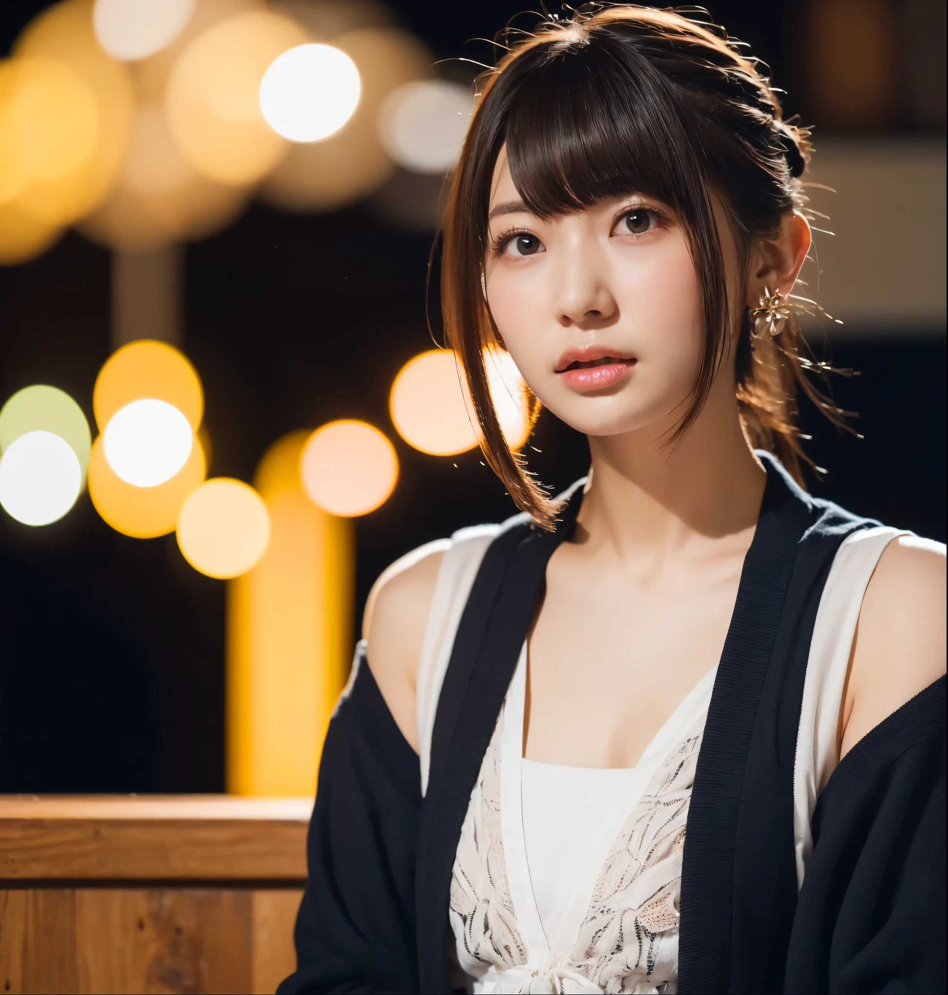 mix 4,(8k, RAW photo, BEST QUALITY, master:1.2), (realistic, photo-realistic:1.37),1 girl,cute,cityscape of Shumigaoka, Night , full moon, clear night sky professional lighting,photon mapping,radiosity,Physically Based Rendering ,orange hair 1:3 Japanese beauty 18 years old (1 girl solo) Side Ponytail camera stares at viewers (big on the floor,very big big 1:2),long eyelashes double eyelids natural makeup 赤い口紅,(zoom up on the upper body) thin body shapes (white blouse,Put on a black cardigan,plaid mini skirt) earrings,necklace brown eyes chest zoom up on the upper body