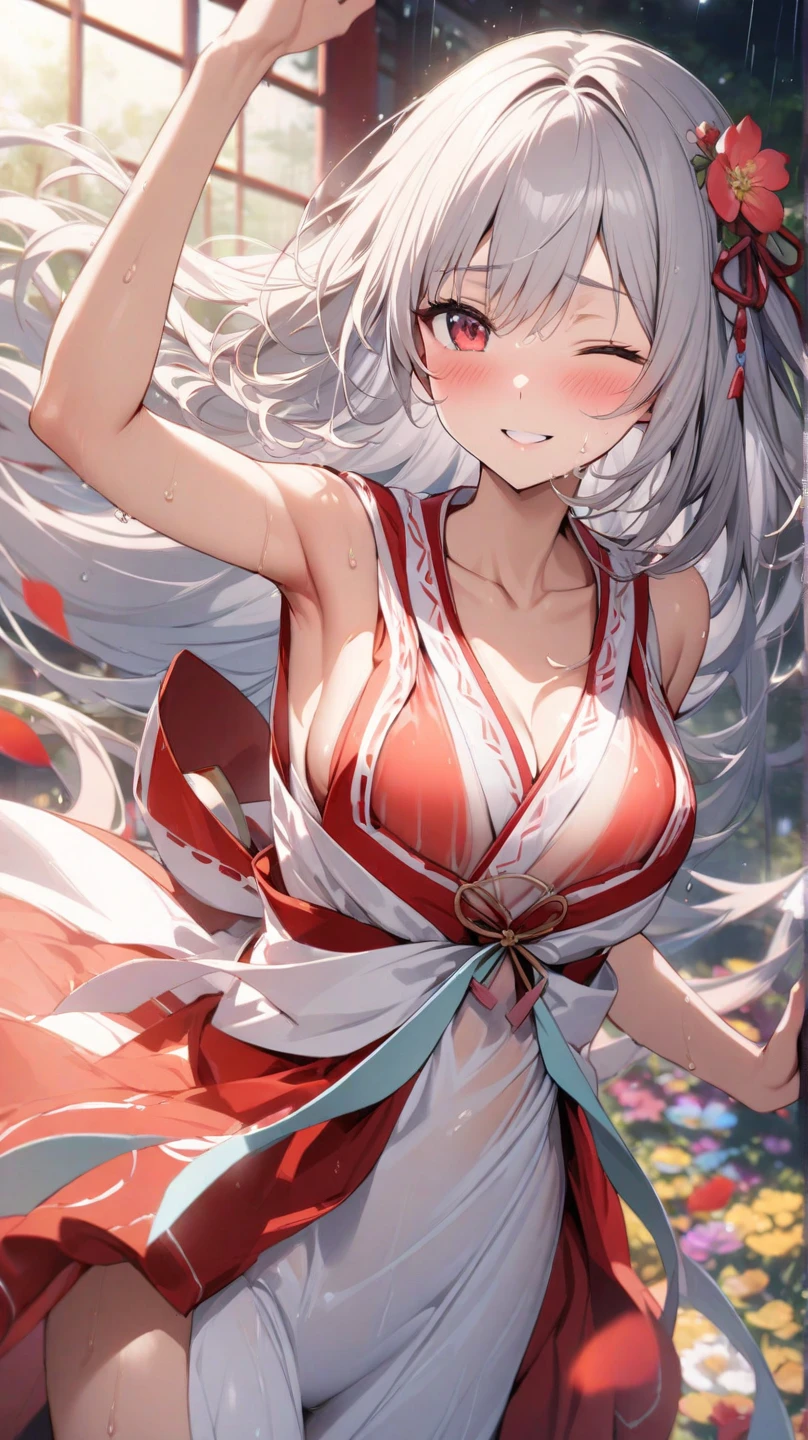 Masterpiece、Highest quality、Super detailed、1 girl、Gray Hair、(Big Tits)、Fluffy and soft long hair、Red-pink eyes、Shrine maiden、shrine、Cleavage、(The underboob is visible)、Belly button、Ruffles and ribbons、smile、Too big breasts