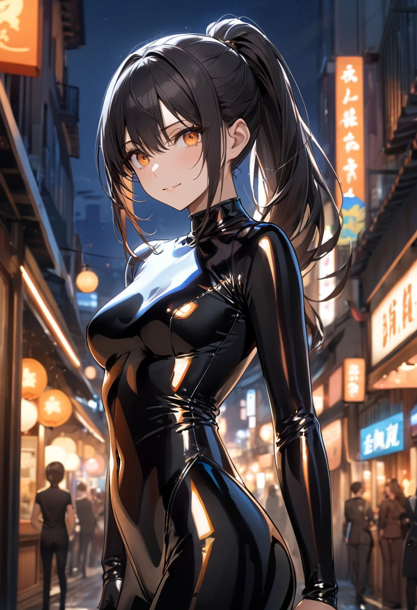 highest quality、Realistic、female、zoom、Orange Eyes、Short black wavy hair、Tempered body、A revealing hero suit、Open suit、Glossy white bodysuit、Blue and gold accents、lingerie、slender、Dark Skin、smile、Downtown at night、Bust Shot、