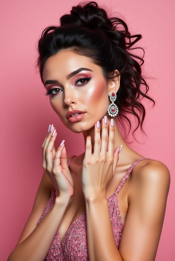 raw Photo of a woman, showing her beautiful hands to the camera,wearing beautiful earrings and makeup, long eyelashes,(white background:1.2) BREAK simple background,detailed eyes, detailed facial features,(black hair:1.2) BREAK nail polish,nail art,flash photography, studio lighting,shadow
