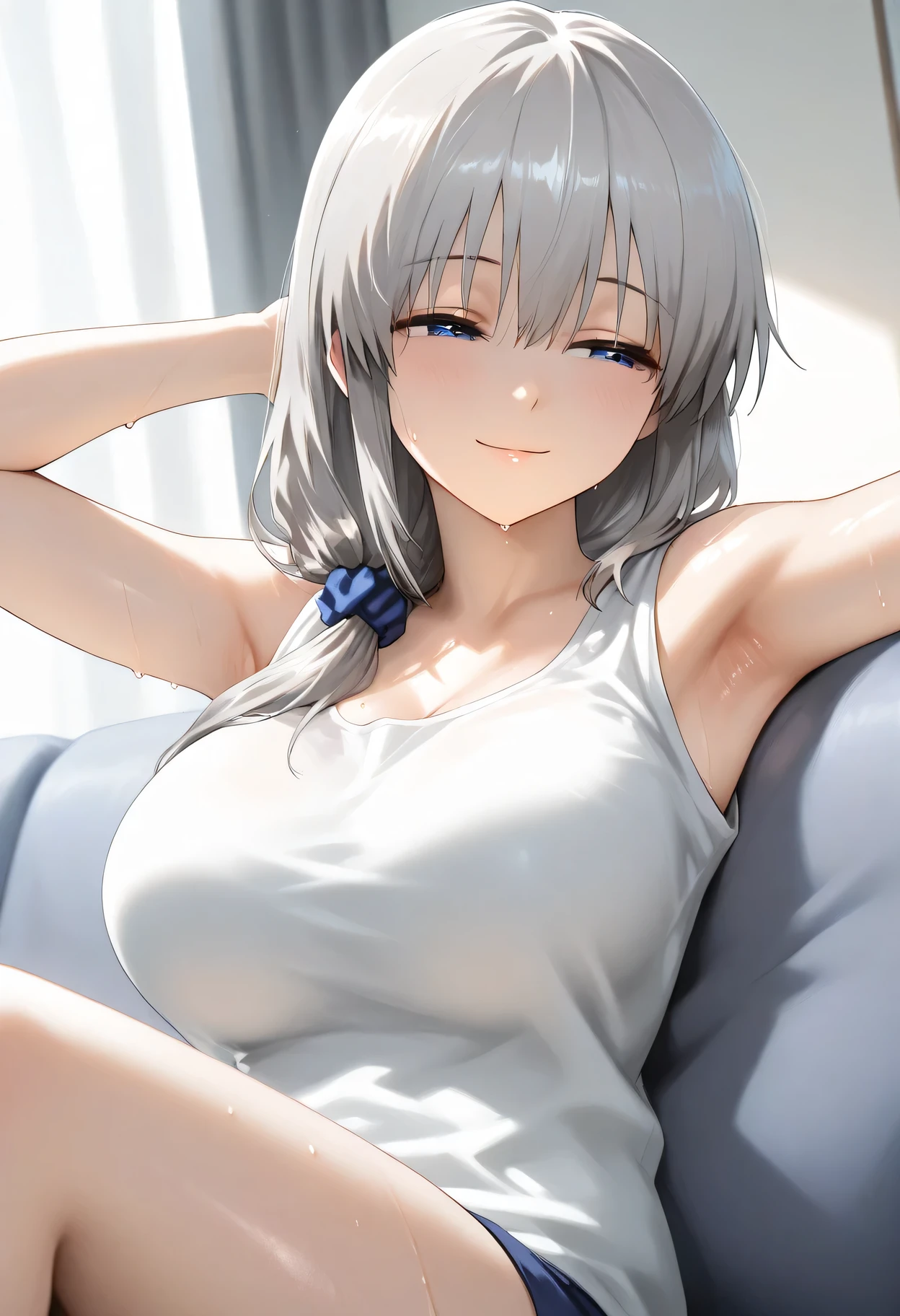source_anime, masterpiece, best quality, tsuki uzaki, long hair, half-closed eyes, grey hair, large breasts, hair over shoulder, scrunchie, hair scrunchie, 1girl, solo, Armpit, sweat, looking at you, gentle smile, Sitting on the sofa