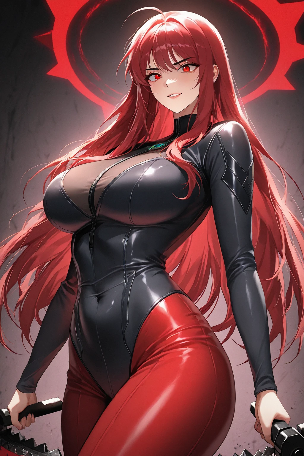 Giantess red head with massive curves towering over a city, using her curves to destroy buildings. A sadistic look on her face as smoke fills the air