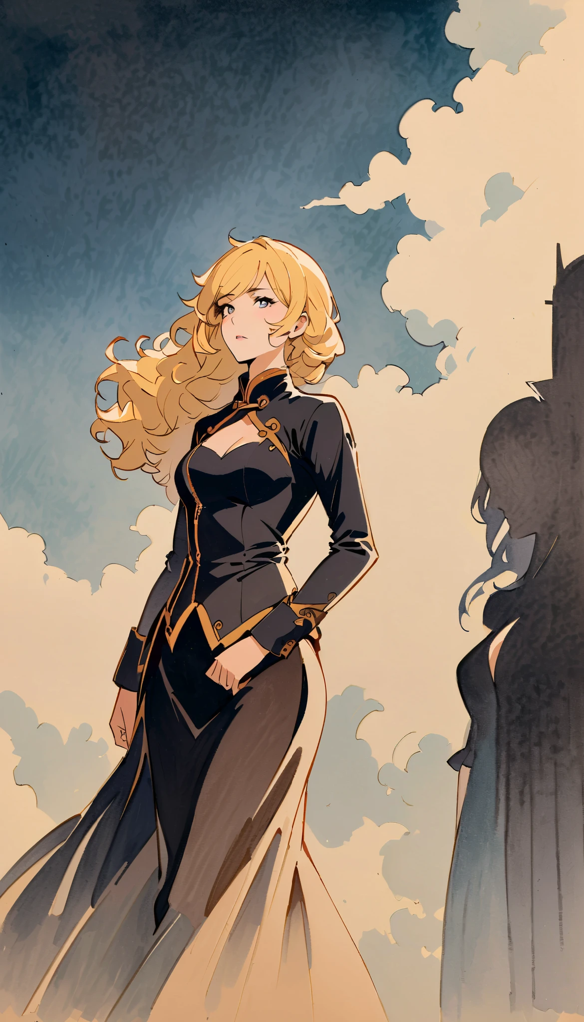 vintage movie, woman, mature, wavy blonde hair, woman body, black top, black bodycon skirt, black boots, dark room, Silhouette of clouds, traditional media, Contemplative. yang xiao long from rwby, dutche angle, ((perfect nose)), ((smal earning)
