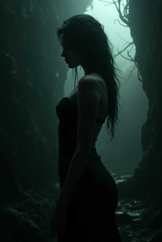 A (((full-body))), ultra-detailed, ((hyper-realistic)), ((masterpiece)) fantasy art painting, in the style of Dungeons and Dragons, of an ethereally beautiful teenage elf woman. She has exquisite caucasian features and ((very pale milk-white skin)). Her large eyes are a striking blue, her flowing hair is raven black, and she is wearing ((heavy black eye shadow)). She has a very slim ((petite body)) with long (((thin legs))). Her ((huge round breasts)) look far too large for her skinny body. She is wearing a tight crop top, an extremely short miniskirt, and black boots. She is standing with her back to the camera, bending over slightly, and her (((whole body from head to toe))) is shown in the photo. The lighting is dramatic and cinematic, and her ((skin is shiny with sweat)).