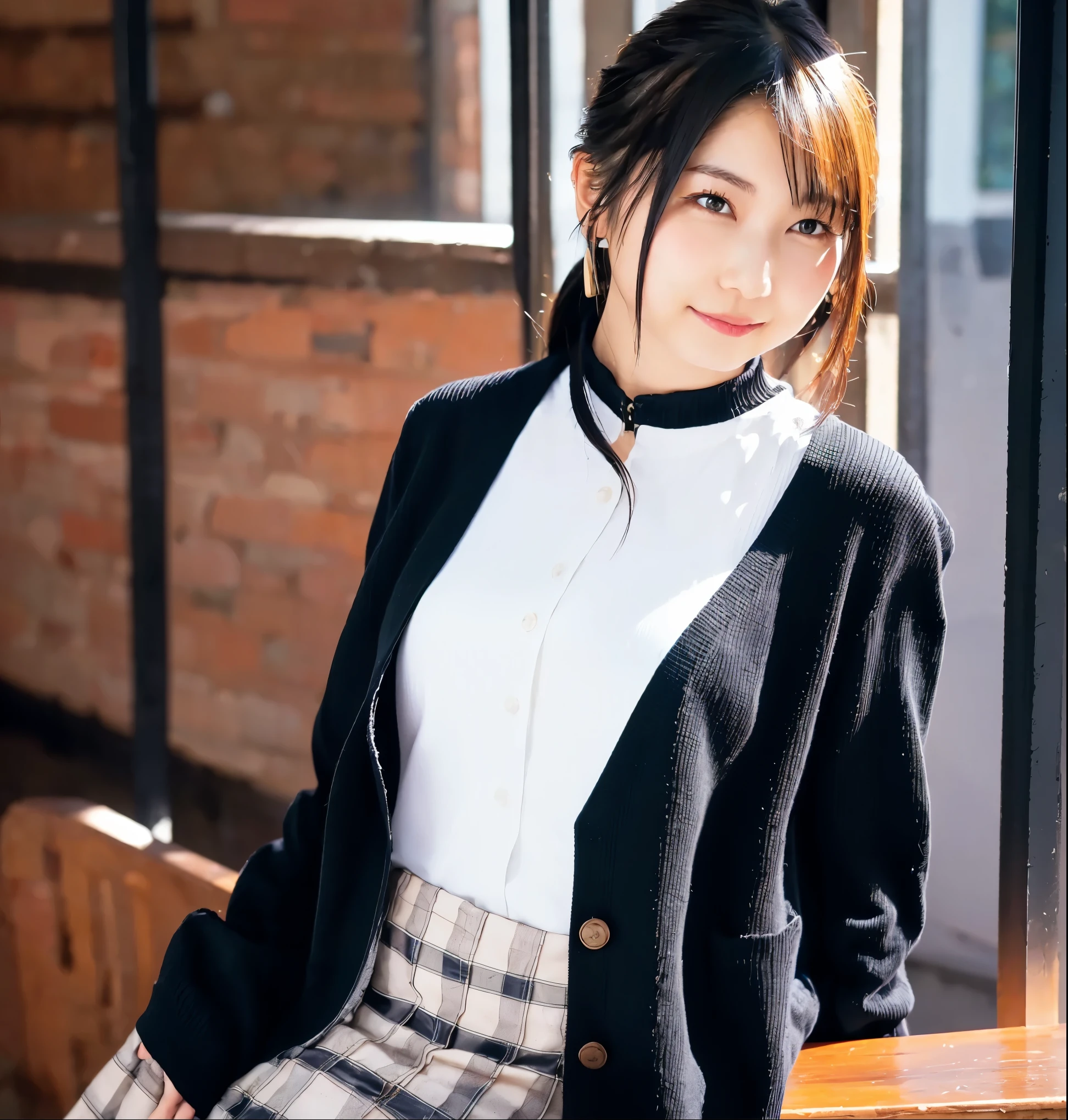 mix 4,(8k, RAW photo, BEST QUALITY, master:1.2), (realistic, photo-realistic:1.37),1 girl,cute,cityscape of Shumigaoka, Night , full moon, clear night sky professional lighting,photon mapping,radiosity,Physically Based Rendering ,orange hair 1:3 Japanese beauty 18 years old (1 girl solo) Side Ponytail camera stares at viewers (big on the floor,very big big 1:2),long eyelashes double eyelids natural makeup 赤い口紅,(zoom up on the upper body) thin body shapes (white blouse,Put on a black cardigan,plaid mini skirt) earrings,necklace brown eyes chest zoom up on the upper body