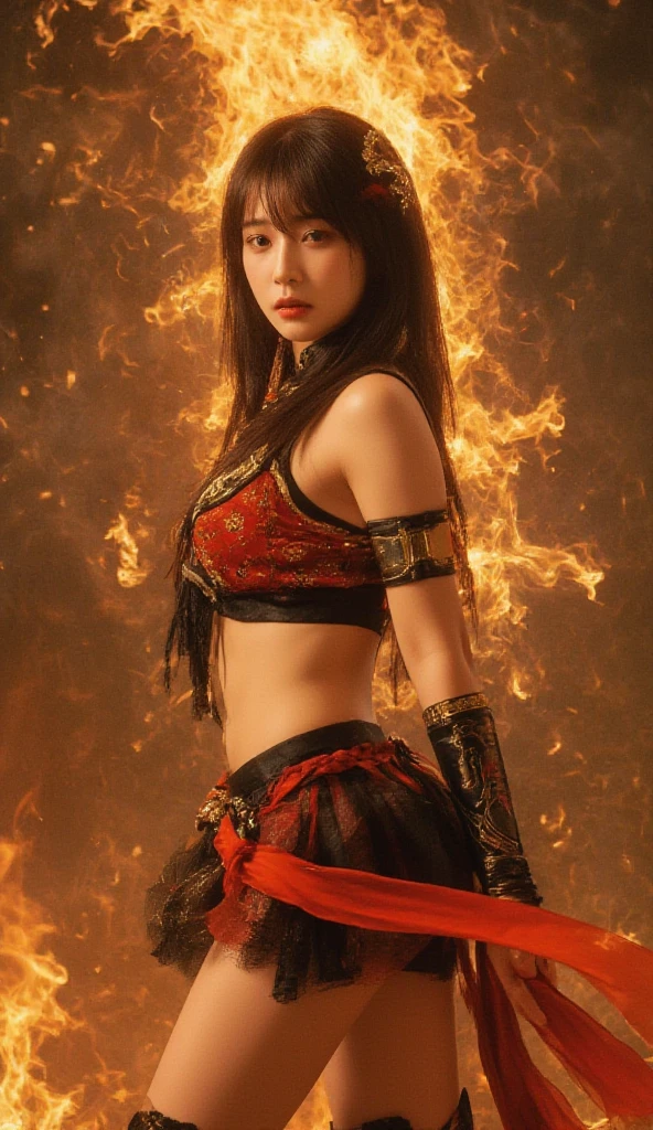8k,Goddess of Fire, With the energy of a 20-year-old.,Super Beauty(Like the real thing),Gazing at the audience.,Orange Mohawk Hair,Sexy orange and black large chest armor(Fire God's Emblem),Orange Flame Gauntlets(Fire God's Emblem),Orange Flame Leg Guards(Fire God's Emblem),A dark and desolate land,Photorealistic RAW photos of the highest quality。Bright colors,Rich colors, Backlight, Cinema Lighting, Film Grain, 50mm lens, Nikon D850,Realistic Skin,Fantasy art,Character Art,Ultra-high resolution,Realistic Skin,Very strong and toned abdominal muscles,Raised muscles,Goddess of Fireである20歳の美女,Golden Eyes,Black Flame God Costume(Orange flame emblem filigree),Energy Man,Super Muscular Beauty,Hard and strong abs,Top-down view,Dynamic fighting pose,Uplifting,Big smile,Bright Red Eyes,American Woman,Bodybuilder,