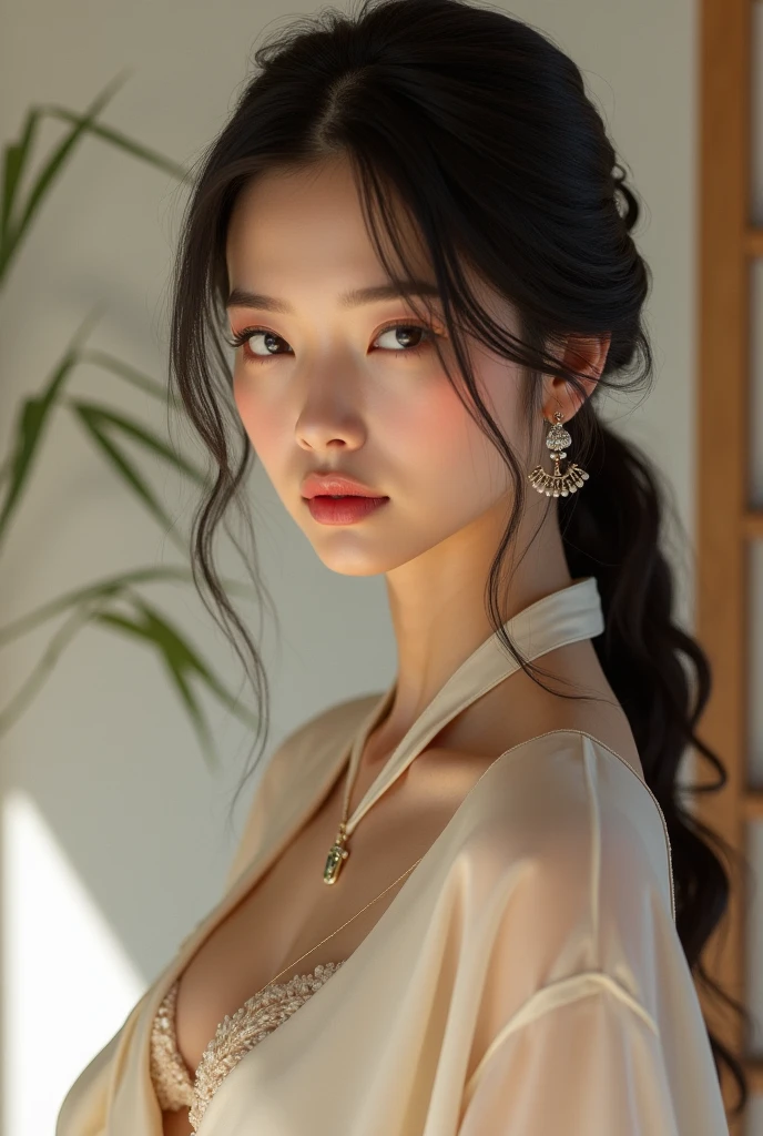 Gentle and charming Chinese woman, full body shot, delicate and sexy collarbone, charming oval face, double eyelids, vivid peach blossom eyes, pink lips, small nose, bare shoulders, focused face, face close-up, ultra-high-definition, Super details, elegant stance, pink sexy bra, (big breasts:1.4),