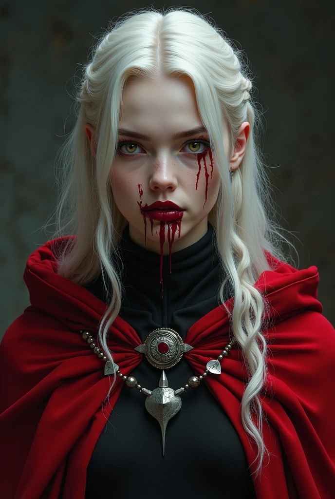Arafed, dark fantasy art, glamour shot, award winning shot, photorealistic, a portrait of a female vampire drinking a ((glass of blood)), blond hair, dynamic hair style , long hair, red lips, (glowing eyes: 1.5), dynamic eye color, dynamic color, she wears, an elegant (black dress: 1.5), catholic church and altar background, bar background, 16k, ultra detailed, masterpiece, best quality, (extremely detailed), rpg portrait, art by mooncryptowow, photograph, FFROA, vampire teeth