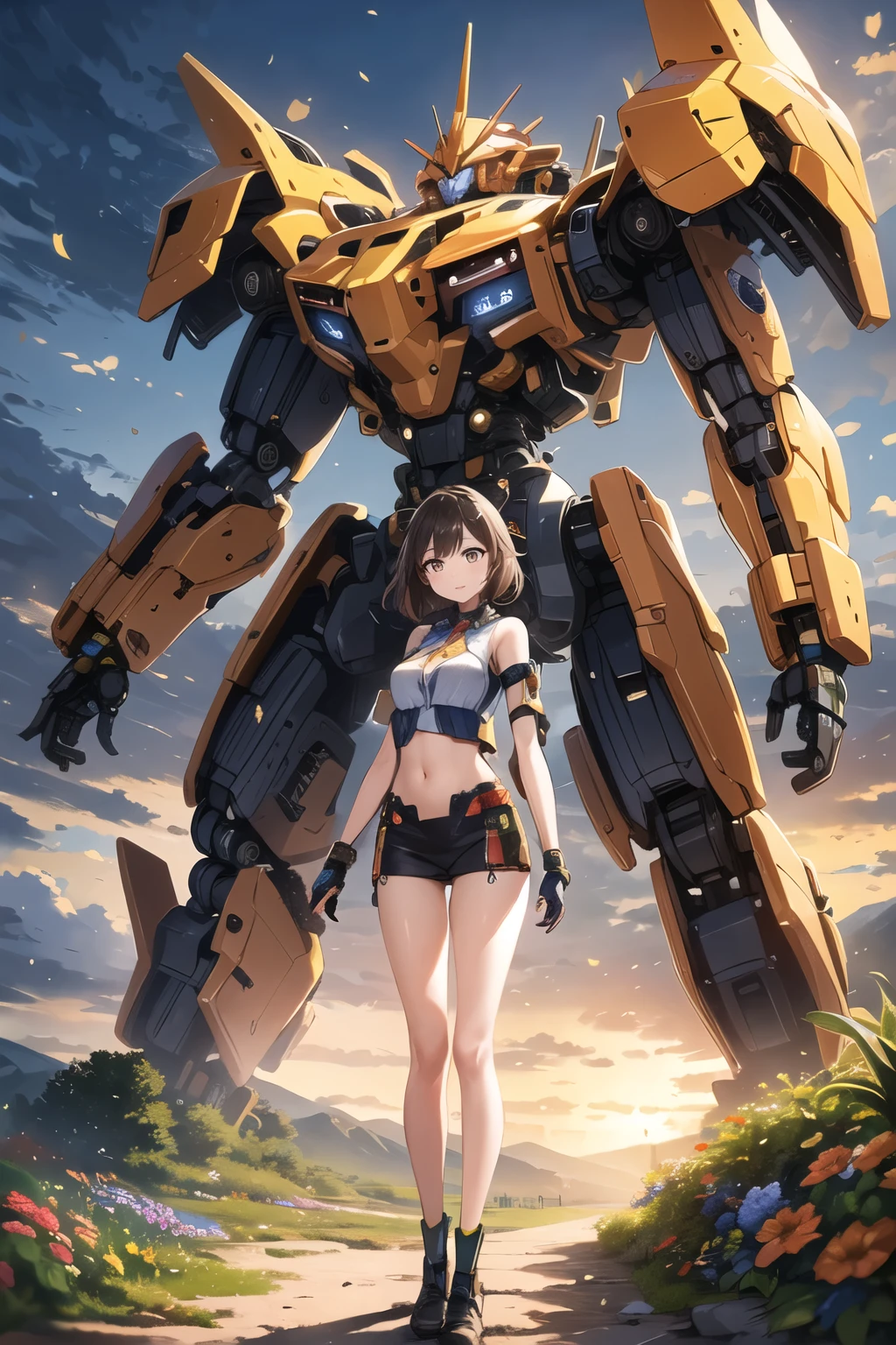 ((masterpiece, better quality)),illustration,ultra detailed 8k,photorealistic,sharp focus,very detailed,professional lighting,colorful details,iridescent colors BREAK extremely long plan of a factory,large mechanical robot construction,microchip,computer,glossy, intricate details,shitu-mecha,1girl stands next to Mecha, Gundam, navel, cute, sexy, eyes ultra detailed,