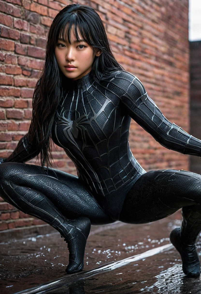 score_9, score_8_up, score_7_up, best quality, realistic, masterpiece, beautiful detail, hyperrealistic, woman ((1girl, woman body, big breasts)), amazing detailed full body portrait of a beautiful ulzzang girl, wearing a realistic and highly detailed black raimi spider-man suit, ((huge muscular girl)), (sitting), suit covered entire body and hand, black spiderman gloves, (full body), (dirty skin), close up, octane render, highly detailed, volumetric, dramatic lighting, (highest quality:1.1), (HDR:1.3), (top quality, best quality), realistic, high definition,