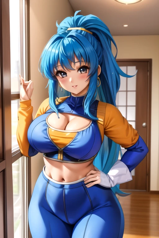 masterpiece, best quality,absurdres,very detailed,ultra deailed,detailed Lora,detailed face,(detailed eyes),(expressive eyes),perfect anatomy,official art,extremely detailed CG unity 8k wallpaper,anime style,anime_screencap,anime coloring,retro artstyle,1 girl,solo,megumi,yellow boots, pink sleeves,green hair,large breast,nallow waist,lewd lowerbody,cowboy shot,