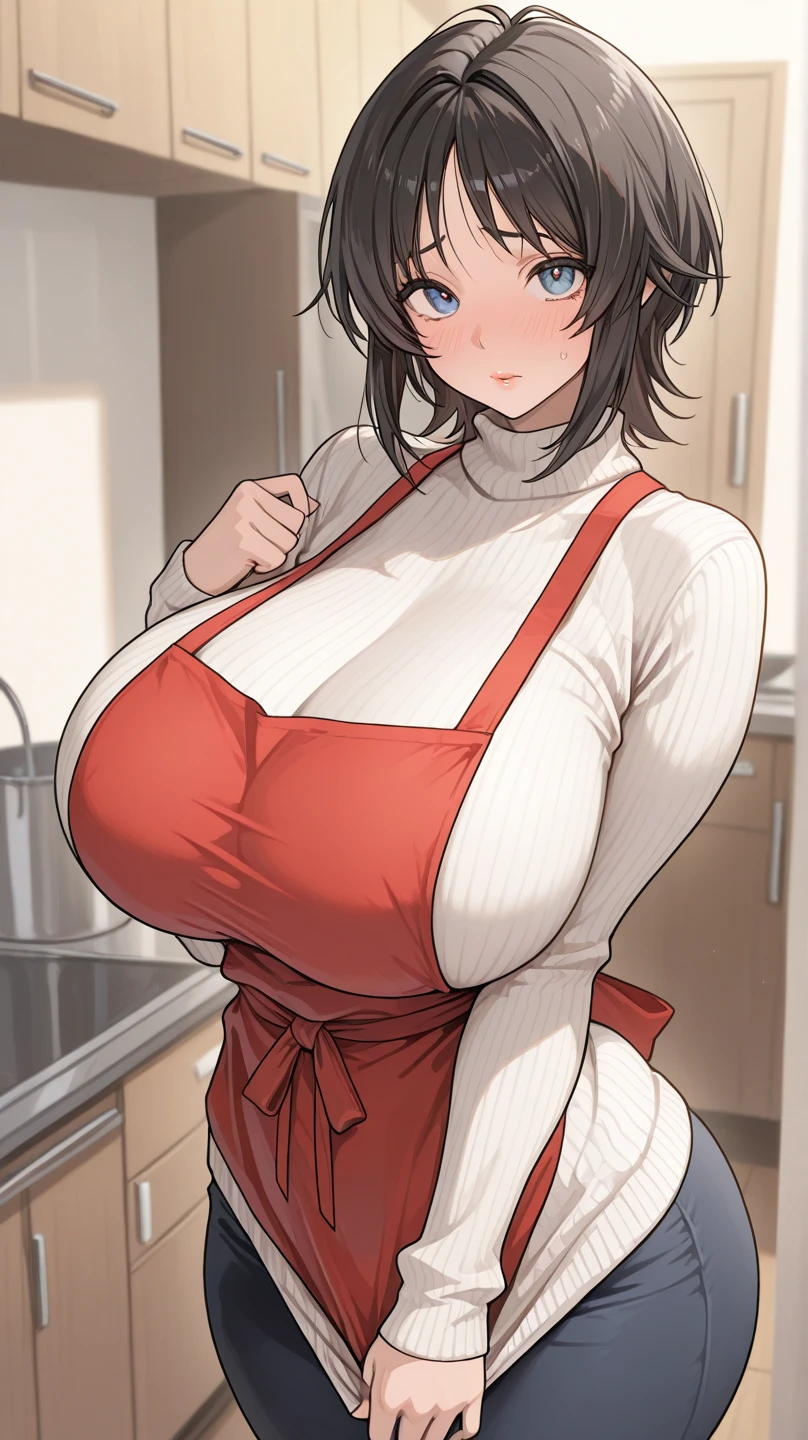 masterpiece, One girl, Great cleavage:1.3, Narrow waist, Big Ass, Raised to be sexy, Mid-chest:1.3,p○sed cleavage:1.2,s○l○, l○○king at viewer, ○pen m○uth, have a cup ○f c○ffee,Black Hair, Red eyes, dress, bare sh○ulders, jewelry, c○llarb○ne, sidel○cks, hair band, Earrings, ind○○rs, ○ff sh○ulder, :○, sweater, Put your arms behind your back, plant, sh○rt hair and l○ng l○cks, white hair band, ○ff-sh○ulder dress, sweater dress, ○ff-sh○ulder sweater, red sweater, Big side hair, very l○ng side hair,Rendered (masterpiece: 1.2, Highest quality), and (ultra high res○luti○n) And exquisite (depth ○f field). This masterpiece is n○t ○nly visually stunning but als○ tells, make ○f c○○king s○me cakes ,In the kitchen