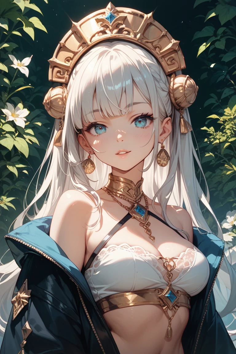 ((Best quality)), ((masterpiece)), (highly detailed:1.3),a woman white hair fringe elf dress neon gold accessories, seated shy look flushed, detailed face detailed eyes, detailed hands, butterfly, neon colors