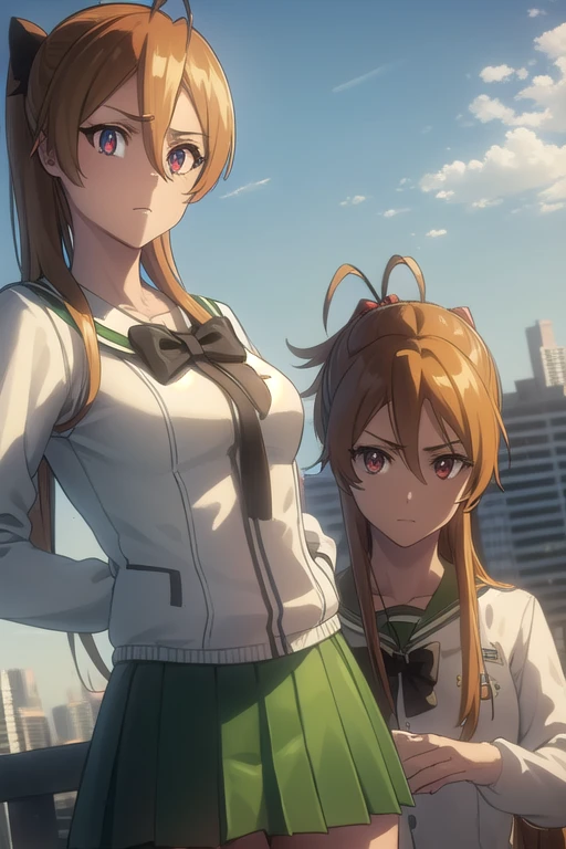 reimiyamoto , Rei Miyamoto, long hair, brown hair, (ojos marrones:1.5), pelo de antena, ponytail,
REST skirt, high averages, school uniform, serafuku, territorio absunuto, green skirt , bow tie , mangas largas, black high averages, black bow tie ,
REST outdoors, city, zombis, sun, sky, clouds, cars,
REST looking at viewer, (gunman:1.5),
REST (Masterpiece:1.2), better quality, alta resunución, unity wallpaper 8k, (illustration:0.8), (beautiful and detailed eyes:1.6), extremely detailed face, perfect lighting, extremely detailed CG, (hands, Perfect Anatomy),