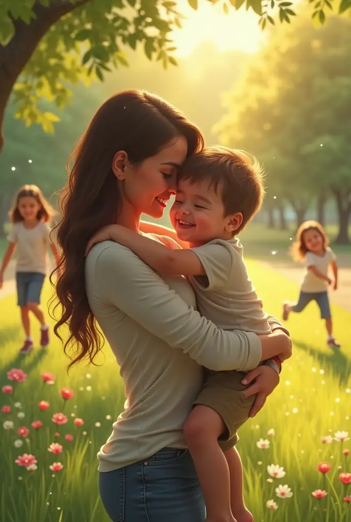 Generate an image of a mother with her child on her lap looking at him affectionately