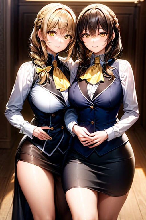 (masterpiece:1.2), best quality, high resolution, unity 8k wallpaper, (illustration:0.8), (beautiful detailed face:1.2, beautiful detailed eyes:1.2), Perfect lighting, extremely detailed CG, (perfect hands, perfect anatomy),
Lovely, beautiful, charming lady, shiny hair, Glowing skin, beautiful light big eyes,
, married woman, soft With a gentle appearance and a gentle mother-like atmosphere,
Feminine style, beautiful kubire, beautiful, naughty face,
Receptionist_a, long hair, brown hair, braid, single braid, hair between eyes, Yellow eyes, big breasts, collared shirt, White shirt, Long sleeve, Vest, Yellow Ribbon, ascot, yellow ascot, black skirt, Long skirt, pantyhose,