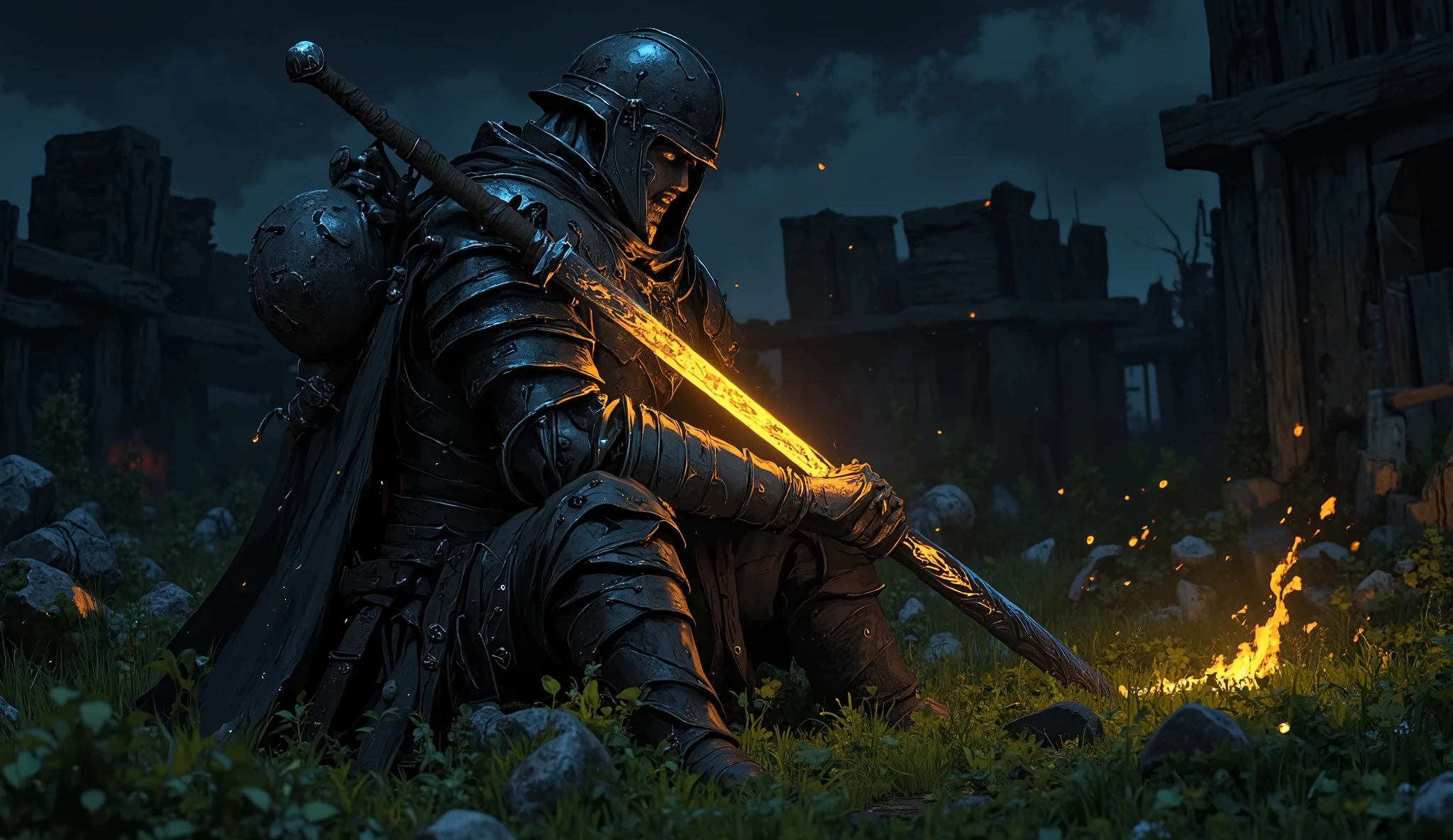  A medieval warrior , of black armor complete, Even with a thick helmet, he is sitting with his bastard sword resting on his shoulder. He is in a calm grass on a quiet night. Around him are the ruins of a destroyed medieval brewery, with broken wooden barrels, leaking a black liquid, all over the grass. It is also possible to see broken fermenters, broken pots and broken mugs. The dark black liquid is all over the landscape. The warrior seems to have been sitting in the same place for ages, almost like a statue.