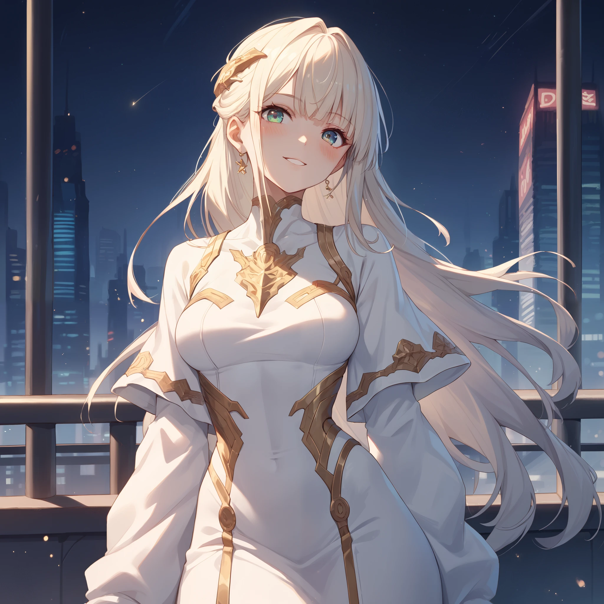 Make a woman in a long white dress, with simple gold details. She has a small smile on her face and is slightly blushed. Futuristic setting at night in a city. Do the image of the torso upwards