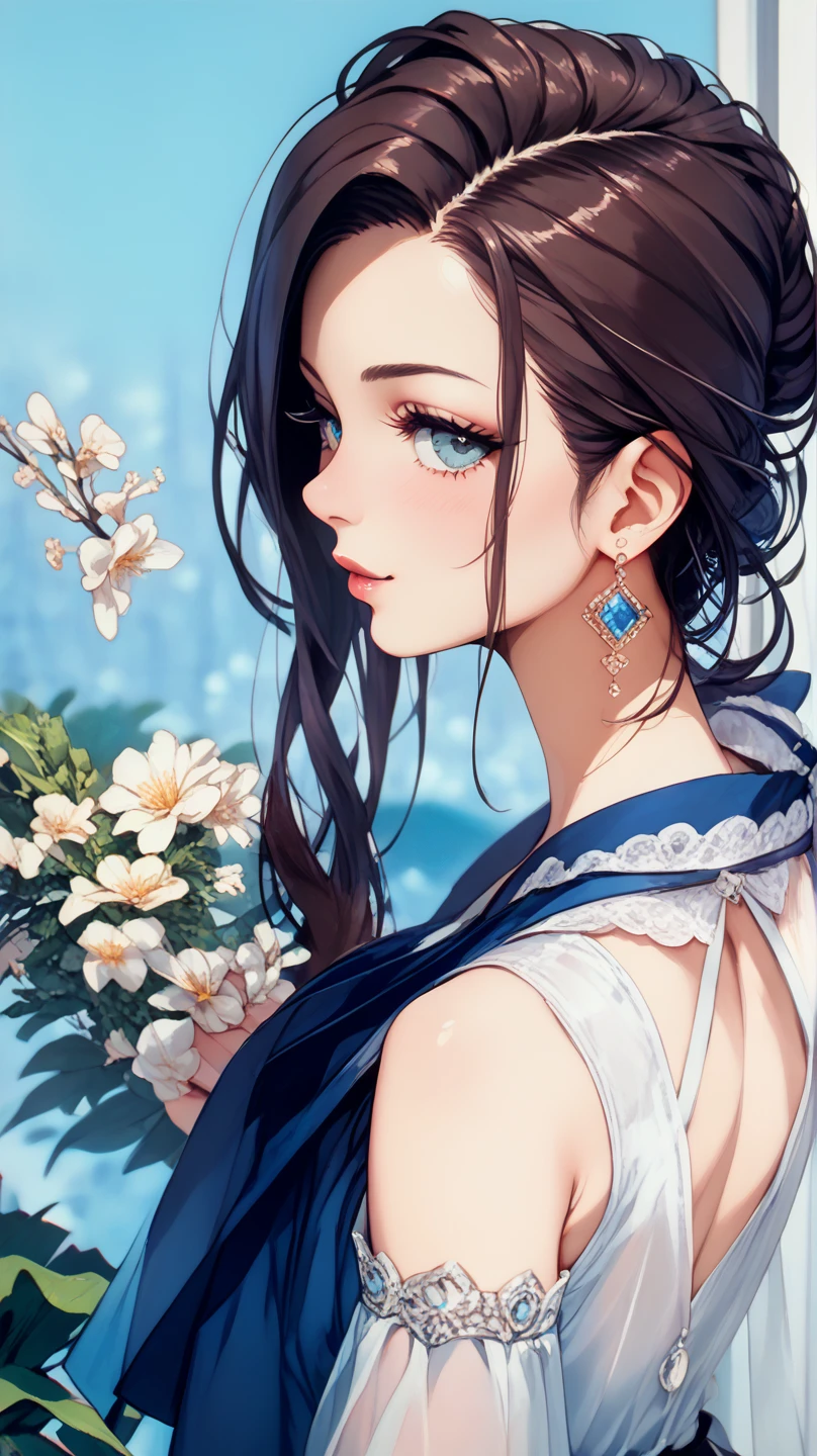 ((highest quality)), ((masterpiece)), (Get used to it), Perfect Face , masterpiece、highest quality、High resolution、High-quality images、8k, 1 female、Skin Radiance、Texture of skin and clothing、Expression of fine eyes、Shiny black hair,Girl with long braided hair, Manga inspired by Lee Jong-suk, Trending on deviantart, realism, detailed manga style, Manga art style, Perfect Line Drawing, Beautiful line art, digital manga art girl, K-POPアイドル, Beautiful Blue Eyes, Lips become thicker, Gorgeous face with attention to detail, (Cute Smile), charm, Innocent, Side view, (Perfectly detailed face), (Beautiful Hands) Photorealistic images, Written boundary depth, 20th Generation ,beautiful girl , Blue rose , Lace dress , Medium Chest , protruding shoulders , I can see her cleavage , Blue rose , There are many blue roses in the background ,