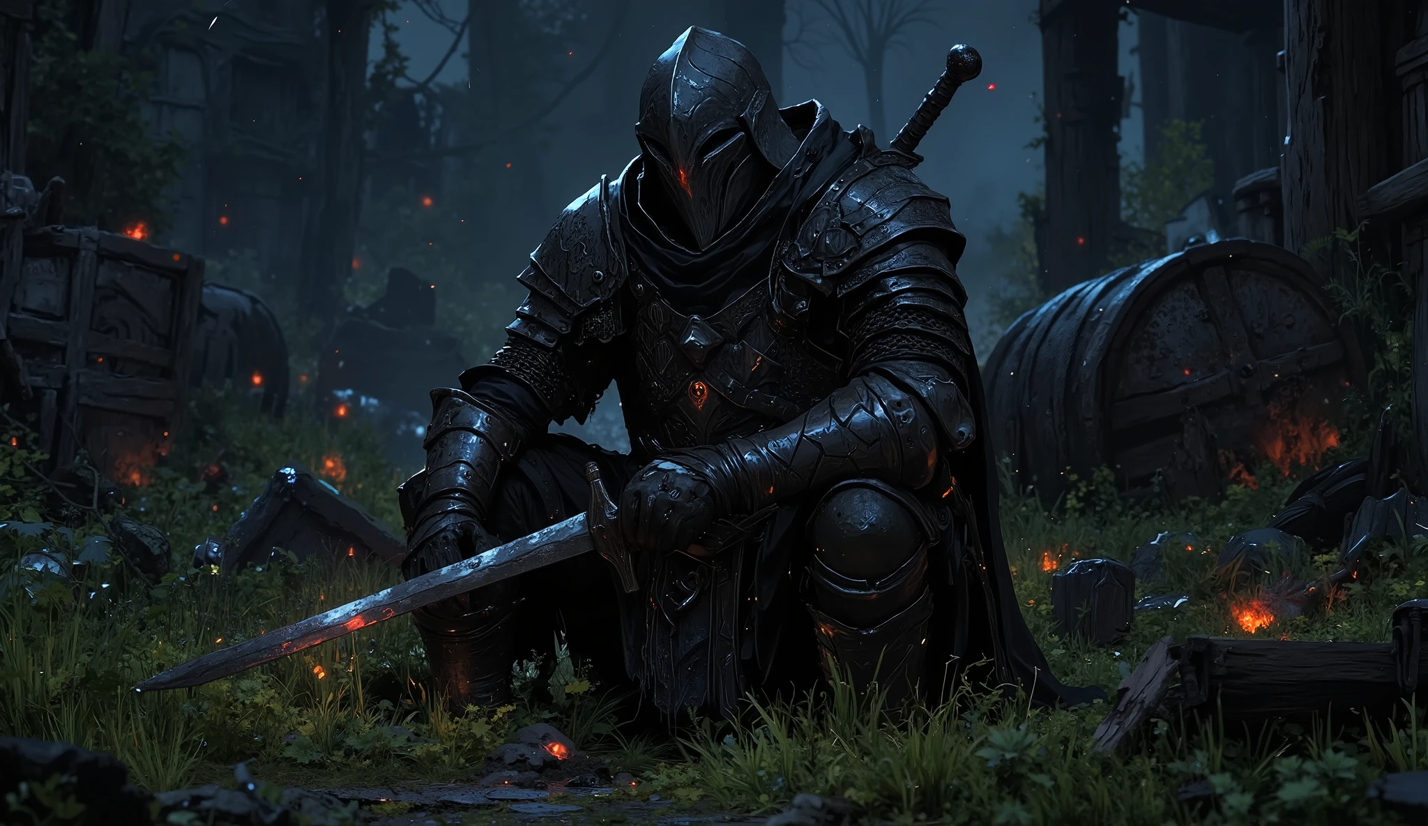 A medieval warrior , of black armor complete, Even with a thick helmet, he is sitting with his bastard sword resting on his shoulder. He is in a calm grass on a quiet night. Around him are the ruins of a destroyed medieval brewery, with broken wooden barrels, leaking a black liquid, all over the grass. It is also possible to see broken fermenters, broken pots and broken mugs. The dark black liquid is all over the landscape. The warrior seems to have been sitting in the same place for ages, almost like a statue.