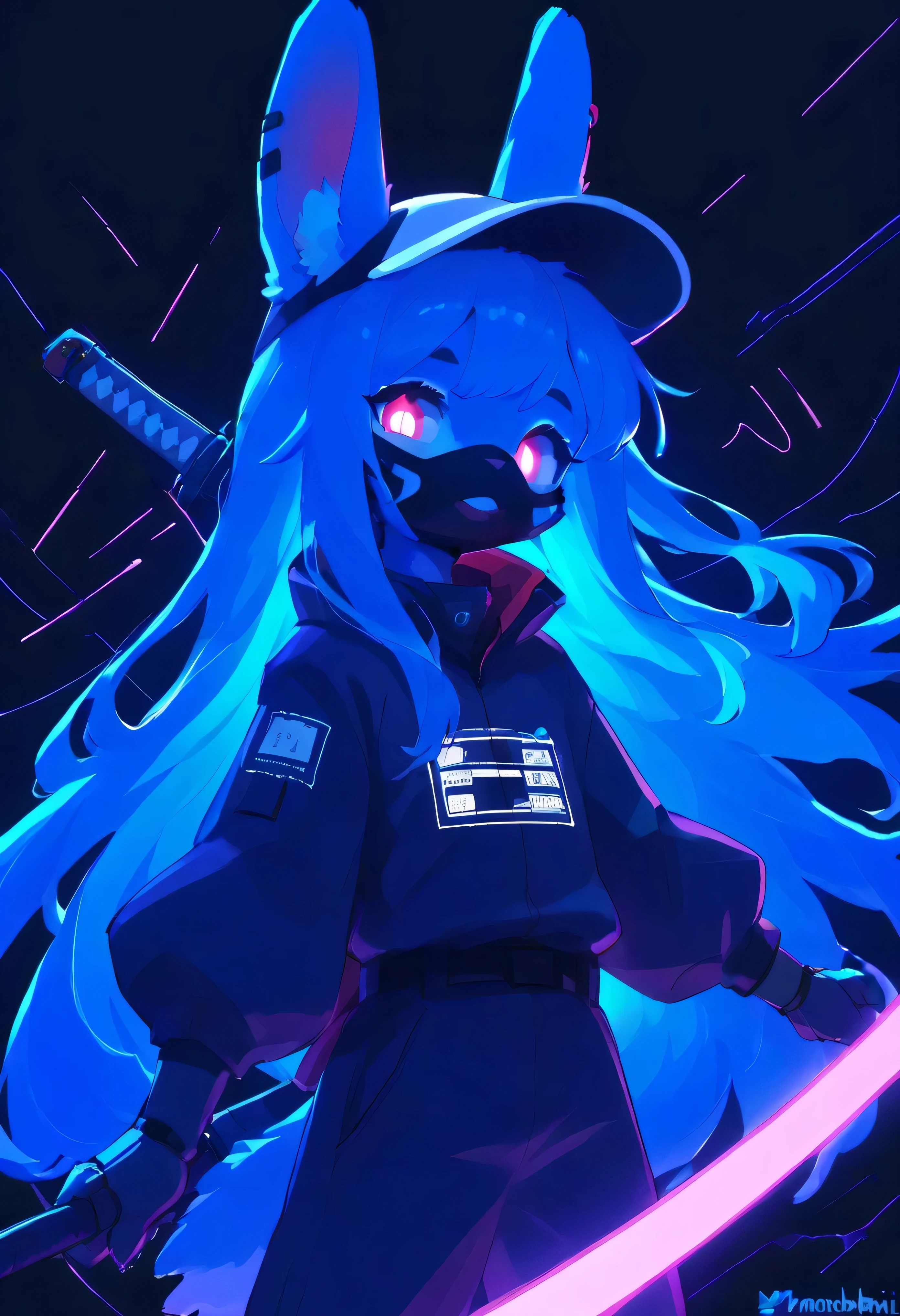 [KuroRabbi🐰] [Cyber 👾 Style Test*] - black background,ultra detailed(sketch:1.2),graphite,(monocolour:1.3), solo, score_9,score_8_up,score_7_up,score_6_up,score_5_up, ,, highres,8k,official art, solo, KuroRabbi, rabbit, anthro, DTkr, furs, buckteeth, slender, blue fur, fluff paws, looking at viewer, wearing futuristic cyber Japanese clothing, glowing eyes, wearing black_mask, wearing white cap, long white_hair, emo_hair white, cyber_katana, cyber_gun, hologram effects, hologram ritual, glowing, 
E