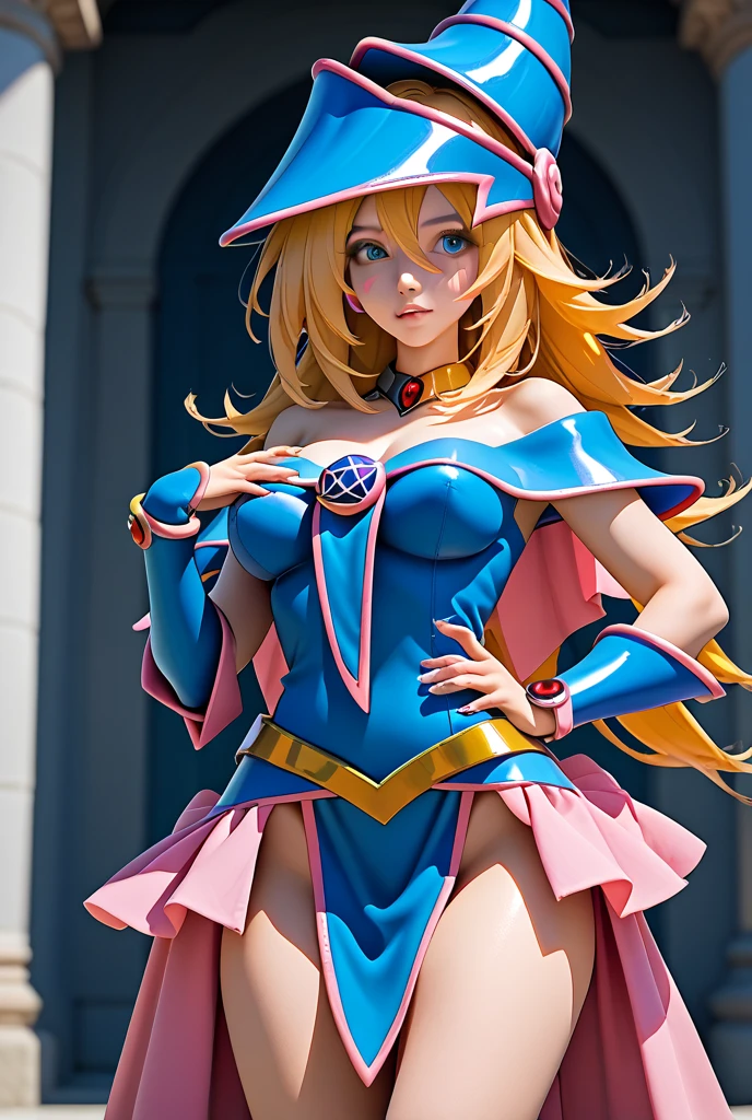 1 girl, realistic, dakimakura, Dark Magician girl cosplay, latex outfit, pink high heel boots, standing up, blonde long hair,  Best quality, masterpiece,