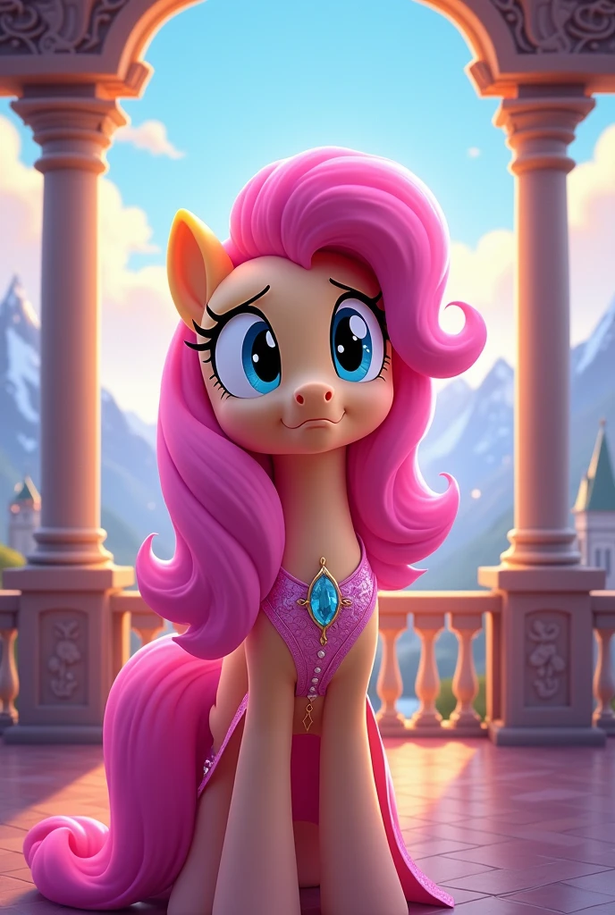 <lyco:MegaMilkV1-25:1.0>, poseMega, shirtMega, 1girl, breasts, super crown, large breasts, blue eyes, crown, ponytail, long hair, smile, jewelry, nail polish, shirt, leaning_forward, clothes_writing, pinkie pie, peachdress