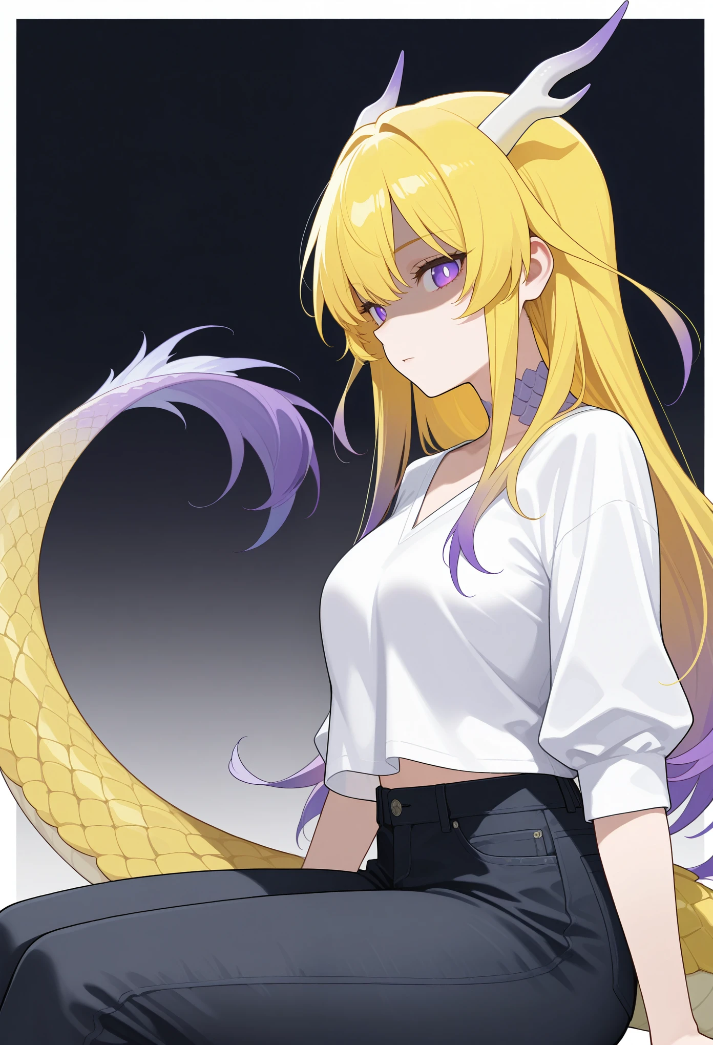 masterpiece, best quality, amazing quality, safe, from side, 1girl, dragon girl, aged up, sitting, looking at viewer, shaded face, (ligth yellow hair), purple highlights, long hair, purple eyes, white pupils, scales, medium breasts, dragon horns, light yellow dragon tail, loose blouse, white blouse, v-neck, midriff peek, black jeans, gradient background, white border, absurdres