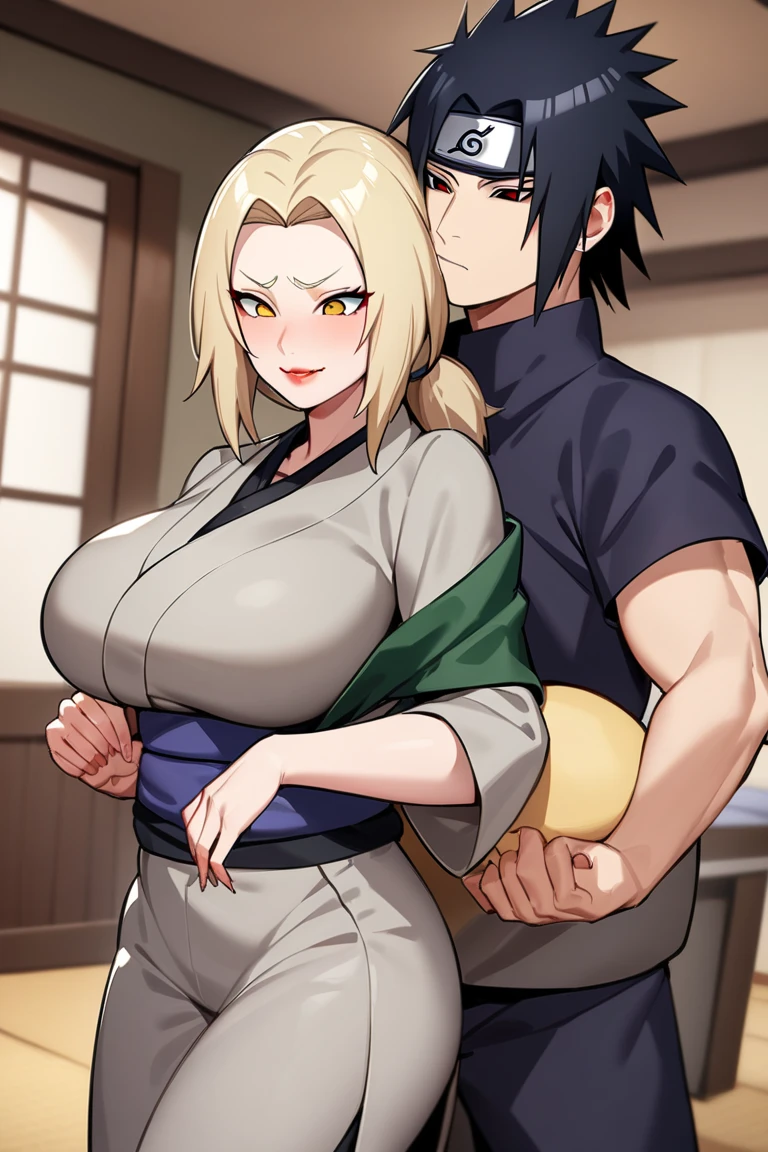 , quality, highres, 1girl,  focus, (huge breasts:1.2), , tsunade , brown eyes , blonde hair forehead mark naked , wide hips  , milf body , portrait couple grabbing breasts (bedroom), young woman smile, large breasts, nipples, ((((1boy:grabbing from behind, grab another's breast , boy's hand on breasts , grab_breast))))