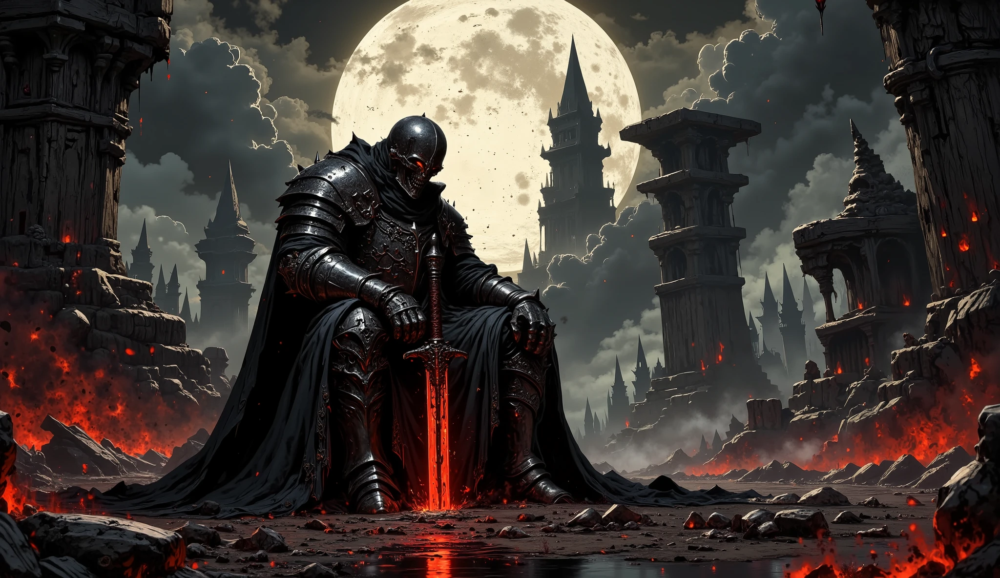 A grim medieval warrior, encased in an impenetrable black armor that seems forged from shadows themselves, sits unmoving amidst a hellish tableau of despair. His helmet hides all traces of humanity, save for the faint, glowing embers that flicker within its visor like dying stars. The massive bastard sword rests ominously on his shoulder, its blade etched with cryptic, blood-red runes that pulse faintly, as though whispering forbidden tales to the night.
The scene around him is a nightmare of destruction and decay. Splintered barrels lay like carcasses, their twisted wooden fragments resembling flayed flesh, seeping a viscous, ebony liquid that crawls across the ground as though alive. The substance pulses unnaturally, pooling into grotesque shapes—skulls grinning in torment, claw-like tendrils reaching for the heavens, only to dissolve into black puddles of despair.
Fermenters lie shattered, their jagged edges glinting like the teeth of some malevolent creature. Broken brewing pots, now rusted and disfigured, gleam faintly under the sickly light of the swollen moon, their surfaces bearing cryptic etchings of ancient brewing rites, almost indistinguishable from runes of sorcery. The blackened remnants of mugs and tankards are strewn like sacred relics of a forgotten ritual, their edges jagged as though gnawed on by unseen horrors.
The eerie black liquid saturates the ground, soaking the grass until it resembles strands of burnt hair. The bitter aroma of stale, long-rotted ale pervades the air, mingling with the acrid stench of decay and a faint metallic tang—like the lingering essence of a battlefield soaked in blood. Around the edges of the field, ancient brewing tools stand broken and charred, resembling tortured figures frozen in agony.
The warrior remains still, as though bound by an eternal curse. His silhouette merges with the ruins, almost indistinguishable from the wreckage of the brewery—a monument to centuries of loss and pain.