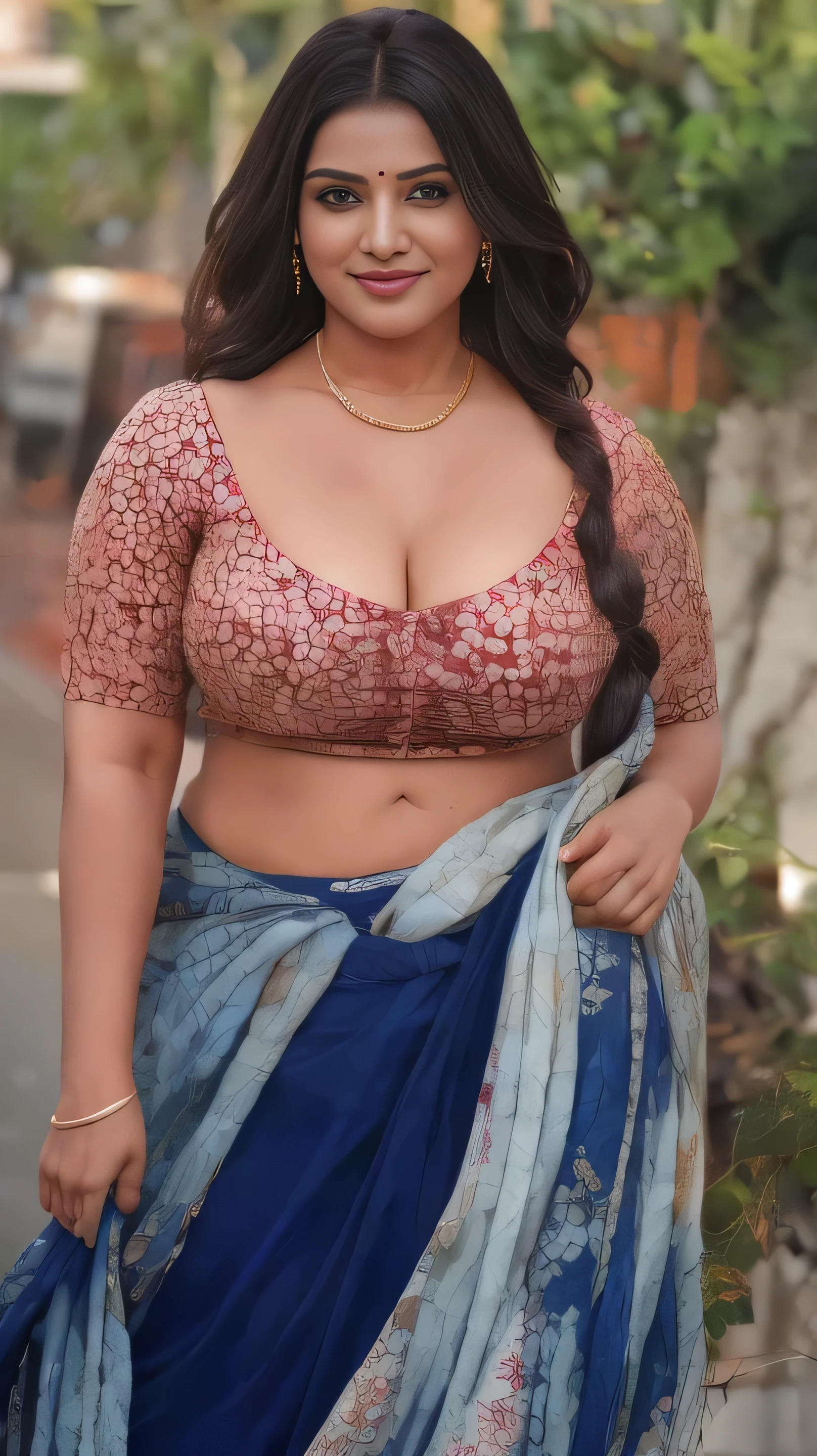 Russian girl 15 year old, Braun hair blue eyes thick chubby smiling face, fatty lchubby full body, masterpiece, (best quality:1.2), [:intricate details:0.2], fair glowing skin , angel face ,  round face , paf bun hair style, lipstick ,on bad , wearing Indian traditional red saree blouse little showing cleavage , redbangles in hand,