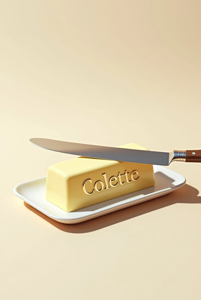 Realistic picture,where it says Colette on butter with a knife