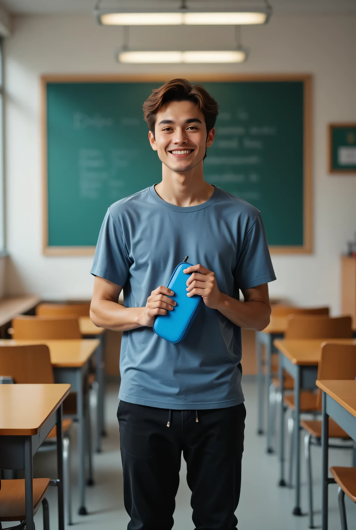An image of a boy, 23 years old, holding a blue school pencil case, smiling to the camera. he is in a university classroom. there is only he in the classroom.