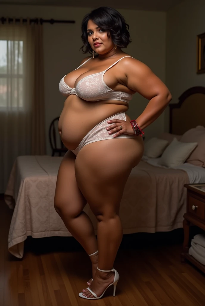 "Create photo visual, plus size woman, standing with her back turned, wearing a bikini. The setting is a cozy room, with soft lighting and minimalistic decor. The focus should be on her joyful and confident posture, capturing a sense of body positivity and self-acceptance." 