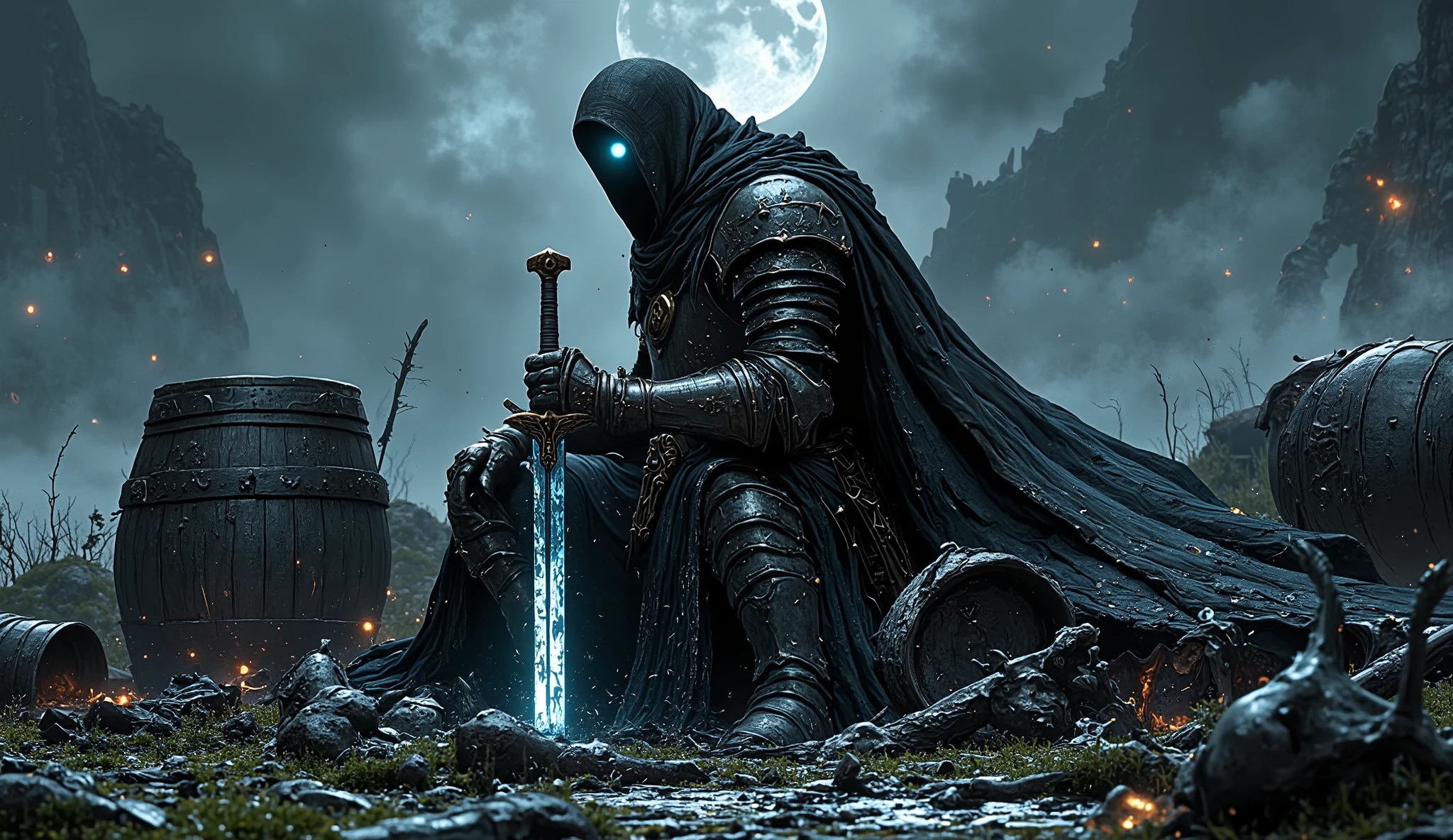 In the heart of a forsaken field, a dread-cloaked warrior sits immobile, his black armor exuding an almost otherworldly darkness that devours the pale light of the moon. His helmet is featureless, save for two piercing, ember-like glows that seem to peer into eternity, and the bastard sword resting on his shoulder hums faintly with ancient, brewing incantations. Around him, the broken remains of a desecrated brewery lie scattered—wooden barrels torn apart like broken ribs, their thick, tar-black contents oozing outward in serpentine streams, forming grotesque shapes that evoke visions of anguished souls. The air is thick with a sour, bitter scent, a haunting echo of forgotten ales now corrupted beyond recognition.
Every shattered fermenter and split brewing pot tells a tale of alchemical secrets lost to time, their surfaces etched with symbols of brewing rituals that now twist with malevolent intent. The grass beneath the warrior’s feet is soaked and blackened, resembling burnt malt, as if the very earth has been cursed by the spilled essence of brewing gone wrong. Wooden tankards, their jagged remnants appearing almost ceremonial, lie scattered like the remnants of some dark, forbidden celebration. The black liquid crawling across the landscape moves with a sinister sentience, its undulating pools forming horrific figures of despair and claws grasping at the warrior as though pleading for salvation—or dragging him further into the abyss.
The warrior himself seems less a man and more a sentinel of doom, his stillness carrying the weight of countless eras. His form is bound irrevocably to the ruins around him, as though he is both their guardian and their curse. The faint whispers that ride the wind are not merely echoes but the haunting murmurs of brewing songs long soured, chants that twist into cries of anguish and regret. Beneath his unwavering silhouette, the broken brewery transforms into an eerie shrine—a haunting monument where brewing’s sacred art was not