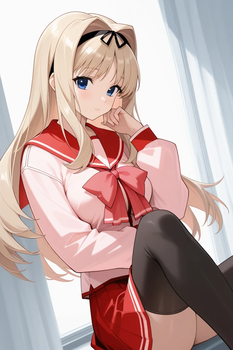 (((걸작、maximum quality、High resolution1.4)))、black-thigh-highs、Big big tits、(medium shot)、White background、Sit on a chair and spread your legs、Grown-up、laugh、Arms behind your head、Landscape、Long blonde wave、Dressed in a pink sailor suit、red collar、Red Ribbon、(((Delicate face 1.4)))、Beautiful anime 、no_pants、panties、pink_panties、