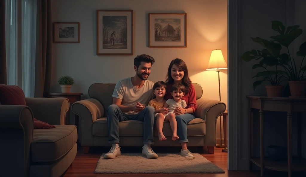 family photo consisting of 31 year old husband, 27 year old wife and 1 year old  in photo studio