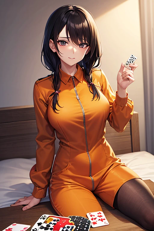 ((Best Quality)), ((Masterpiece)), (detailed), best friend, big tits, fox pajamas where the zipper is a little uncovered, showing a little the scratch that exists between her two breasts, showing the top of her breasts, smiling blushing, short, curly shoulder-length hair,black hair, blue eyes, beautiful, beautiful, sexy, sensual, perfect body, pajamas, sitting on the bed looking at the camera , camera looking from bottom to top, she sitting, at night, orange pajamas