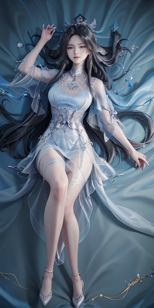 One beautiful woman、Dancing、whole body、god々Shii、Gray Hair、Spreading hair、Blue eyes that shine like jewels、indian dance costume、moonlight、Under a very big full moon、On the Sea、water surface、water pattern、Super detailed、Masterpiece、highest quality、water droplets、barefoot、Dynamic composition、Transparency、god秘的