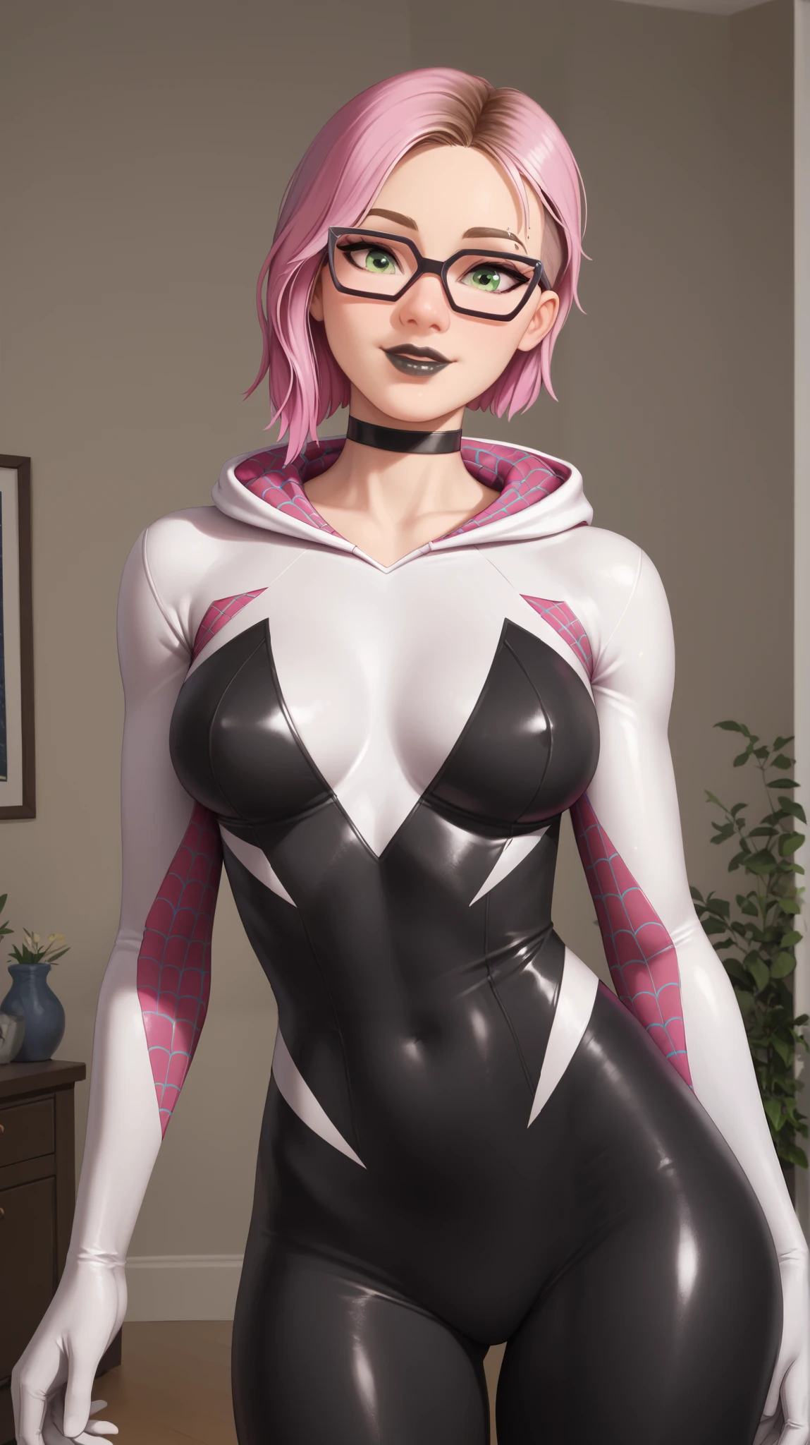 girl (masterpiece), choker, black lips, evening, beautiful green eyes, short pink hair, glasses,girl (masterpiece), choker, black lips, evening, beautiful green eyes, short pink hair, glasses, white light, Spider-Gwen tight suit, white with black, gray room,mischievous smile,mischievous smile