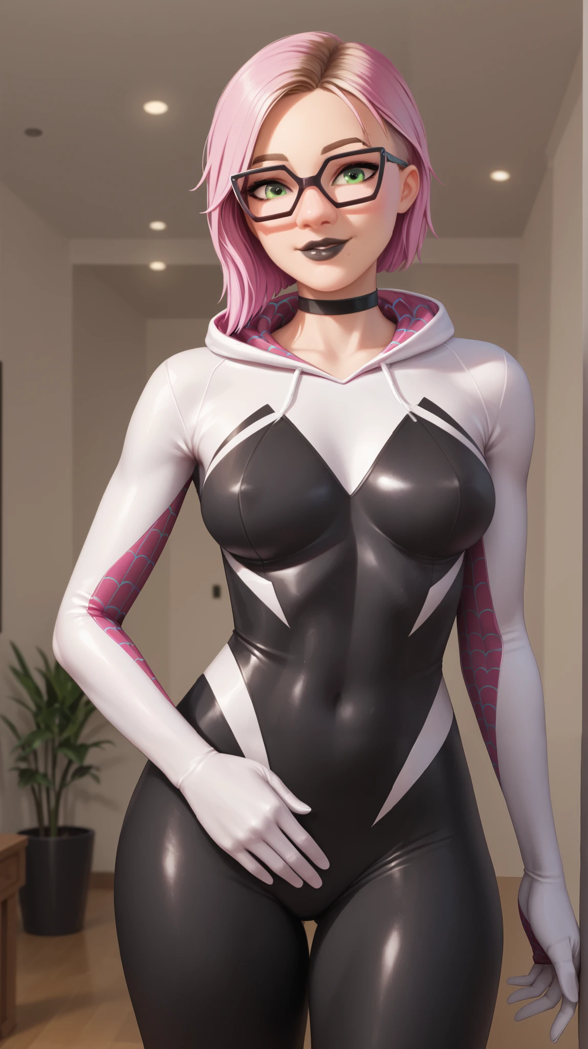 girl (masterpiece), choker, black lips, evening, beautiful green eyes, short pink hair, glasses,girl (masterpiece), choker, black lips, evening, beautiful green eyes, short pink hair, glasses, white light, Spider-Gwen tight suit, white with black, gray room,mischievous smile,mischievous smile