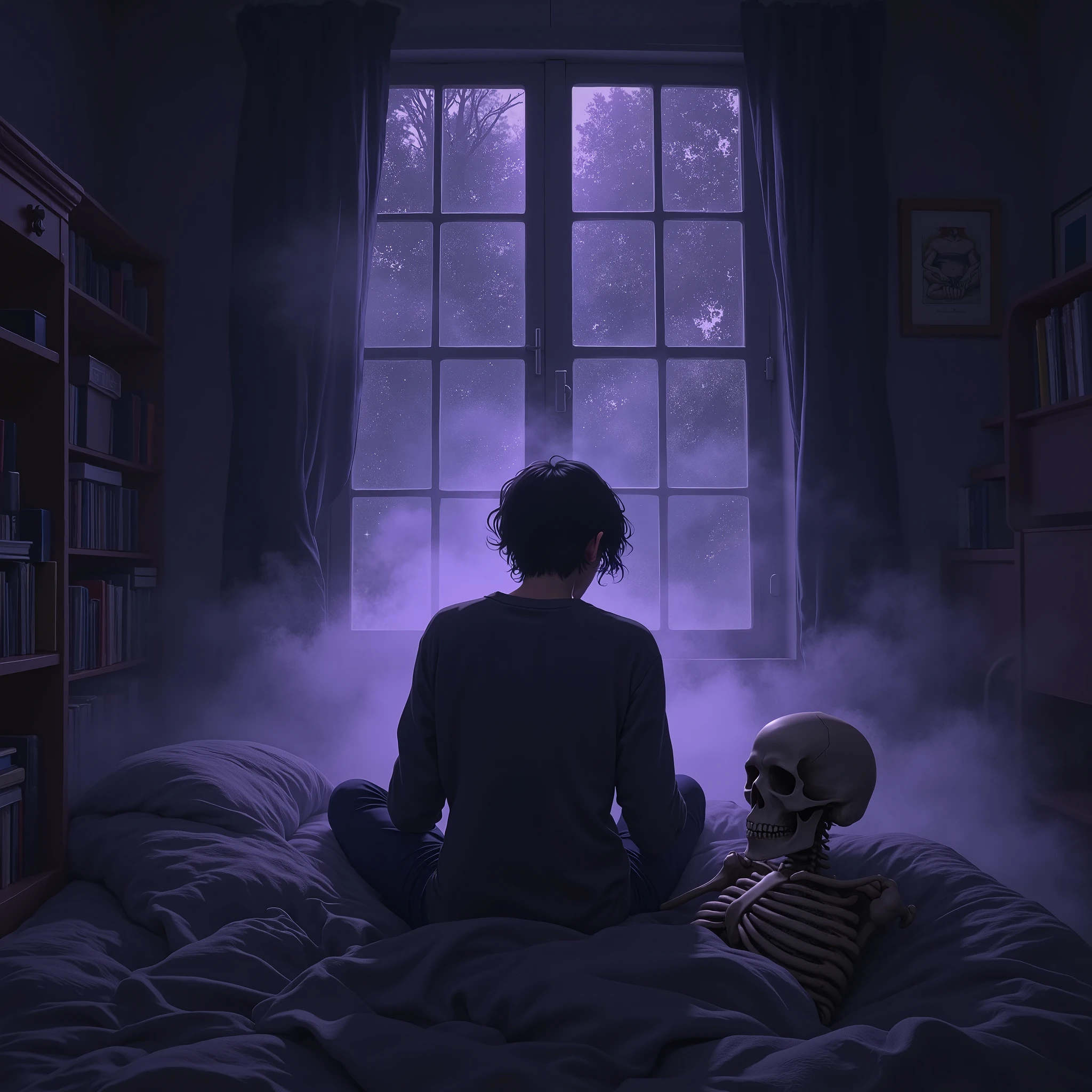 man is sitting on a bed in a Beautiful dark room, anime asthetic, album art cover, manga cover art, emotional picture, oyasumi punpun, by Shinoda Toko, anime cover, lofi album art, anime aesthetic, late night melancholic photo, cover art, atmospheric anime the theme is mystical, mysterious and dark, with elements that evoke a parallel or supernatural world. fog or ghostly lights around. keeping the mystery. Use dark and cool colors, como negro, purple, blue and shades of gray, to create an atmosphere of mystery and suspense. The human figure may have its back to the reader in a posture of hesitation or curiosity. the skeleton's head is next to the man