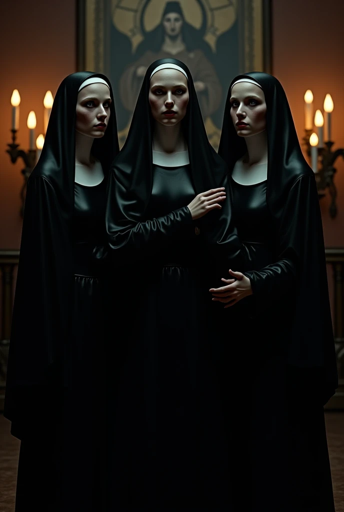 A sinister and mysterious Gothic room where a skeletal nun mummy lies on one wall, next to it a ghost completely covered in a black veil down to the feet where only the white eyes illuminated like two lights can be seen